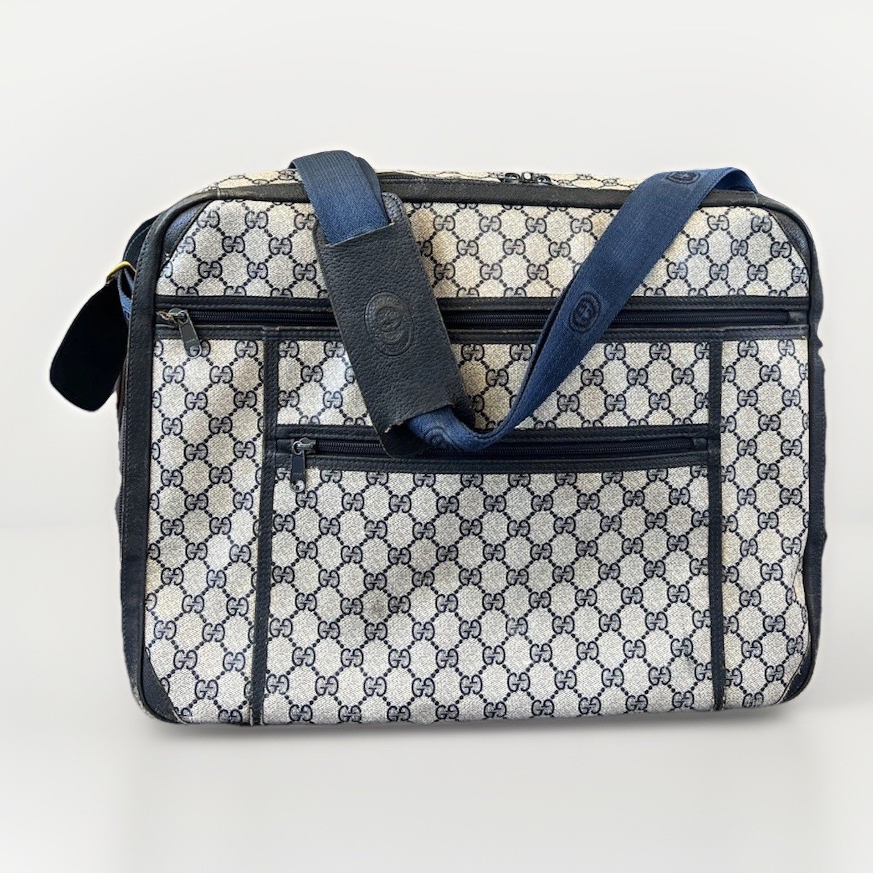 Authentic Vintage 1970s GUCCI Blue GG Monogram Coated Canvas Pilot Travel Bag