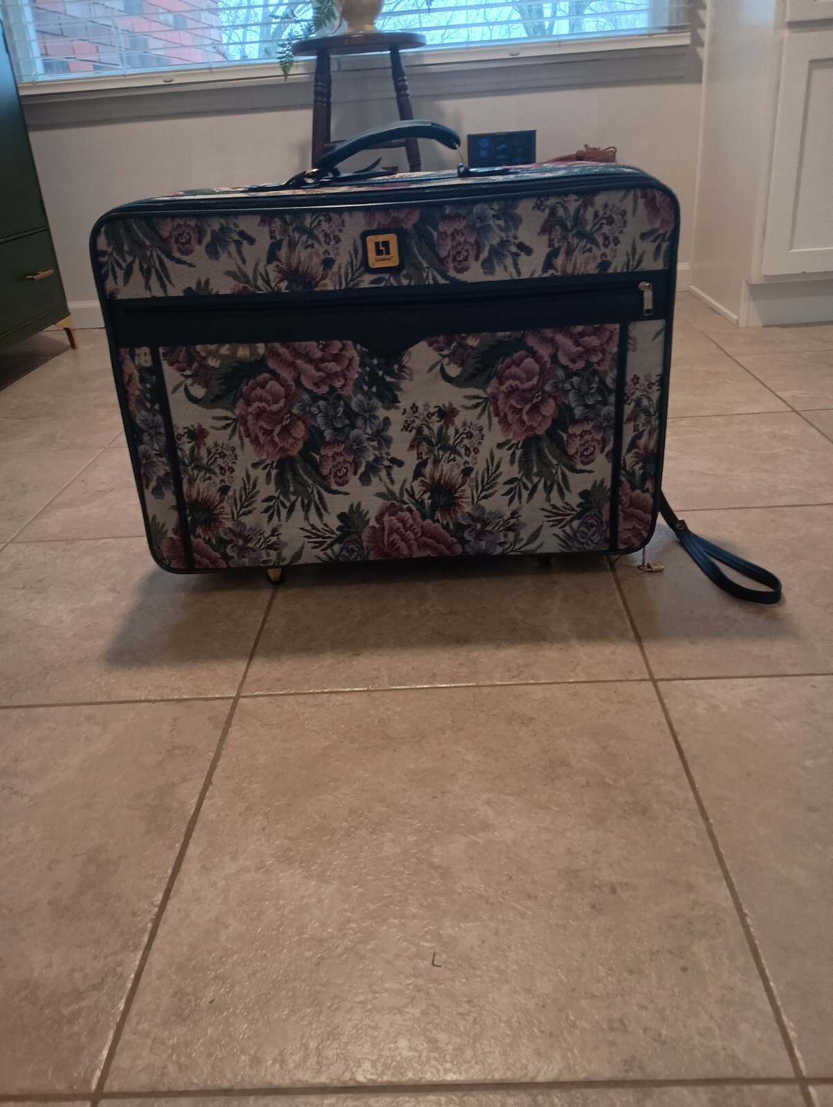 Vtg 80s LEISURE Luggage Pink Floral Tapestry Suitcase on Rollers 26x18x8