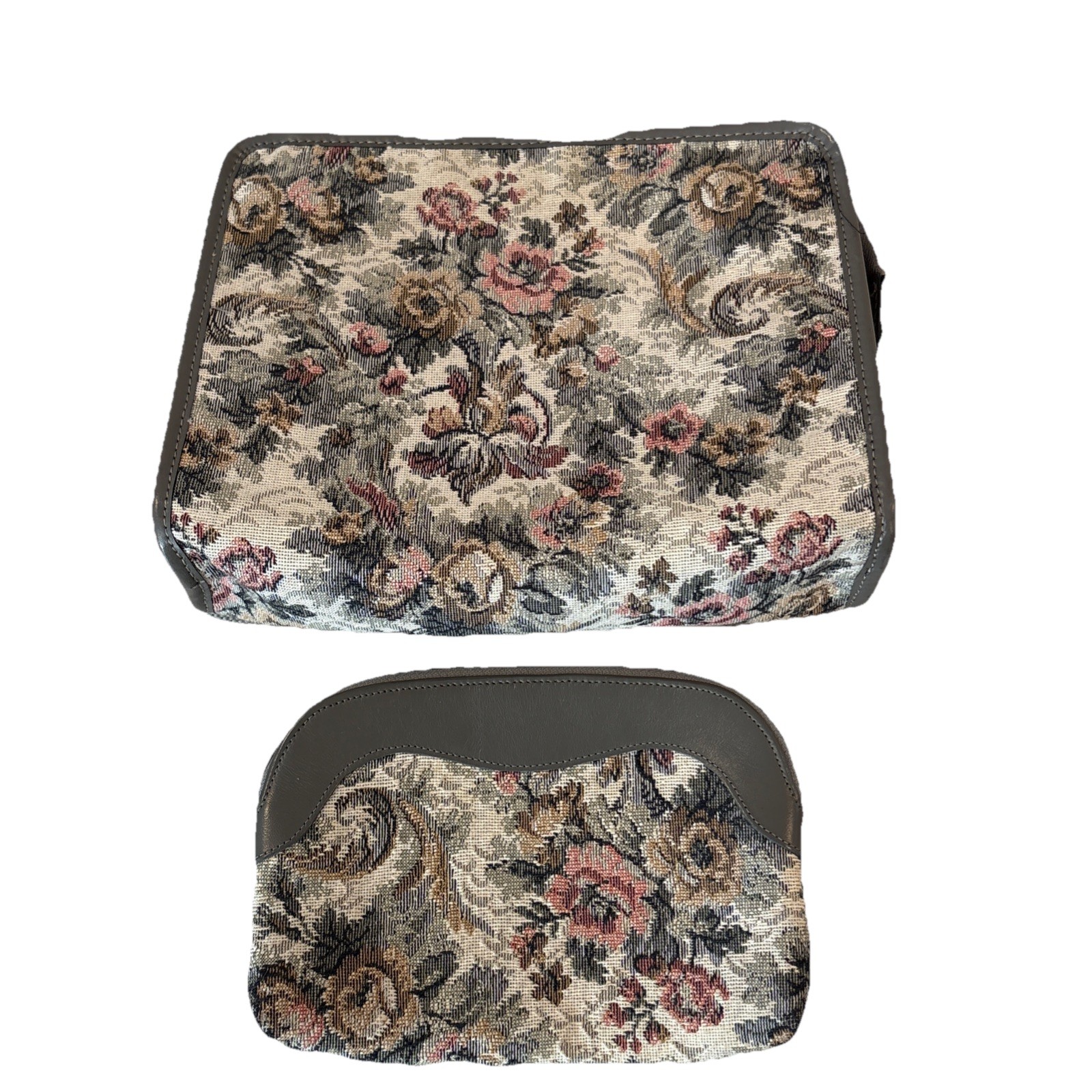 Vintage 2 Piece Set Gray Floral Tapestry Carpet Bag Cosmetic Toiletry Pouch 80s