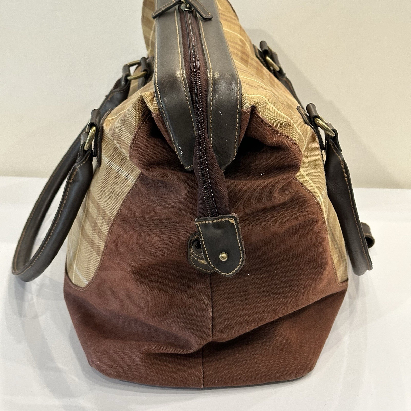 Vintage Eddie Bauer Brown Plaid Canvas & Leather Travel Duffle Satchel Bag