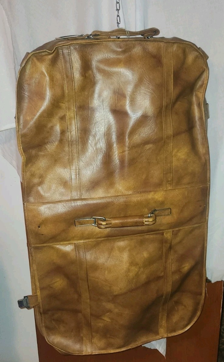 Vintage American Tourister Brown Leather Vinyl Travel Suit Folding Bag Hanging