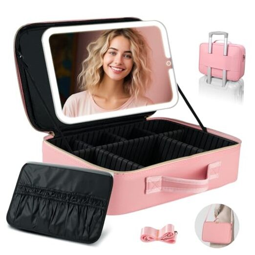 15”X11” Large Makeup Bag with Removable Lighted Mirror, Pink-Removable Mirror