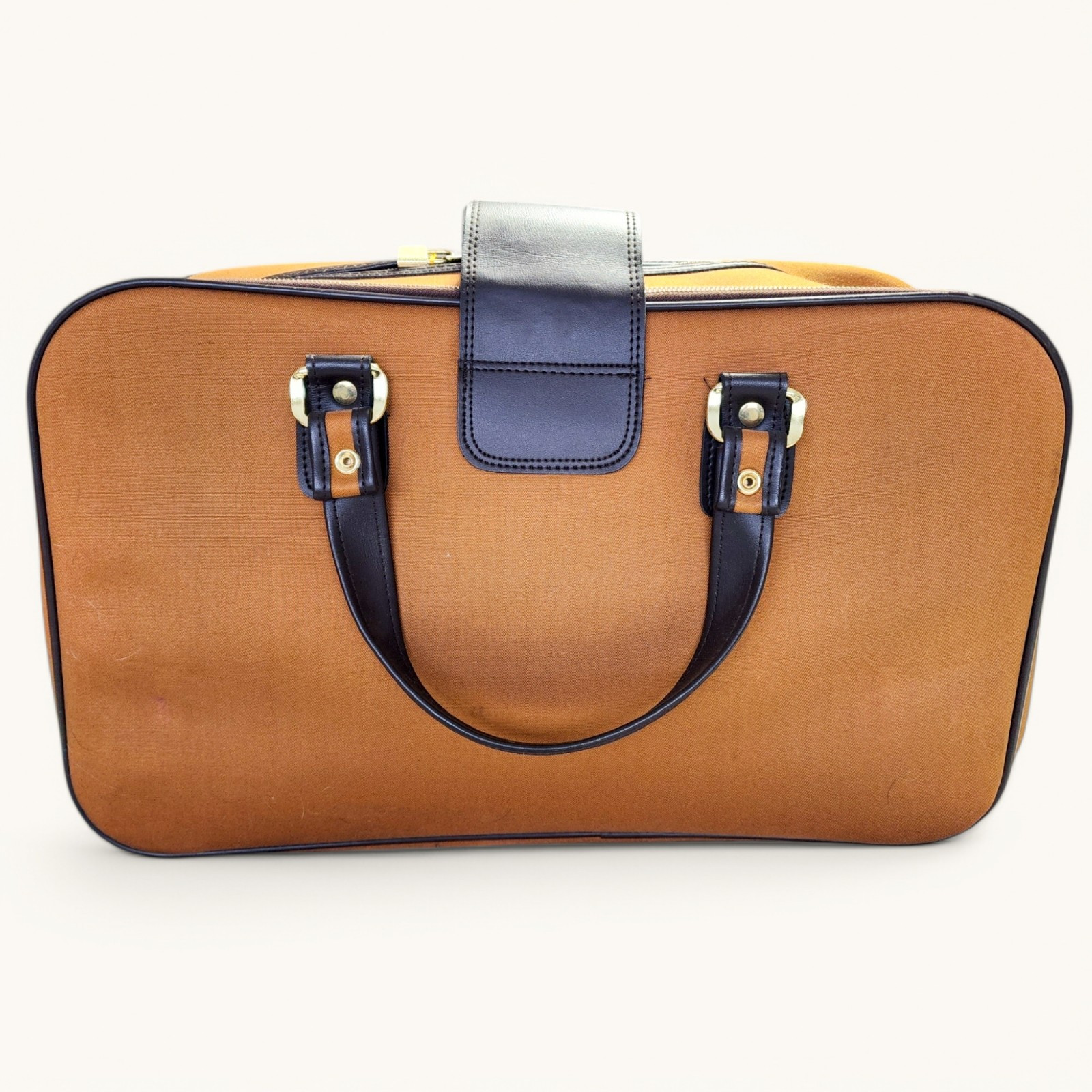 Vintage Carry On Suitcase Tan Brown Canvas Faux Leather 22in Travel 70s 80s