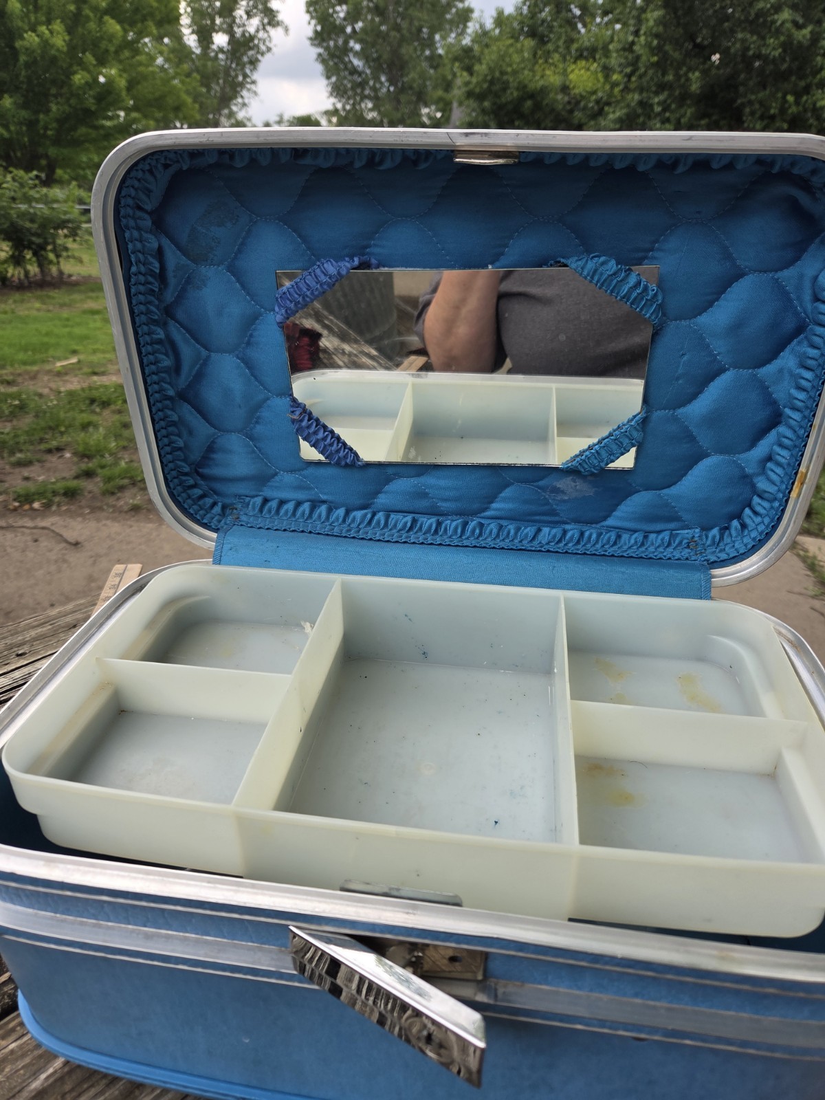 Vintage Blue Airway Hard Sided Travel vanity Train case Luggage Mirror Tray