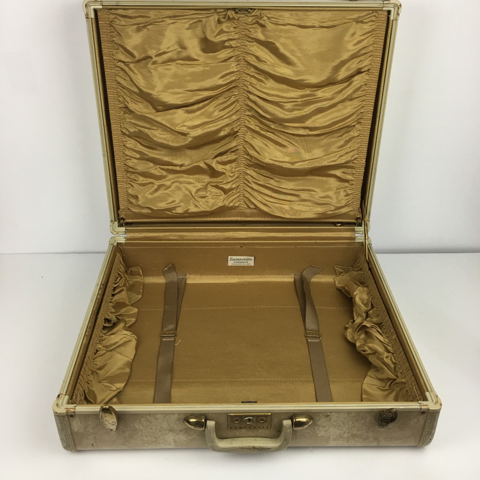 Samsonite Shwayder Streamlite Suitcase Excellent INTERIOR Marbled 21″ Vtg Cream
