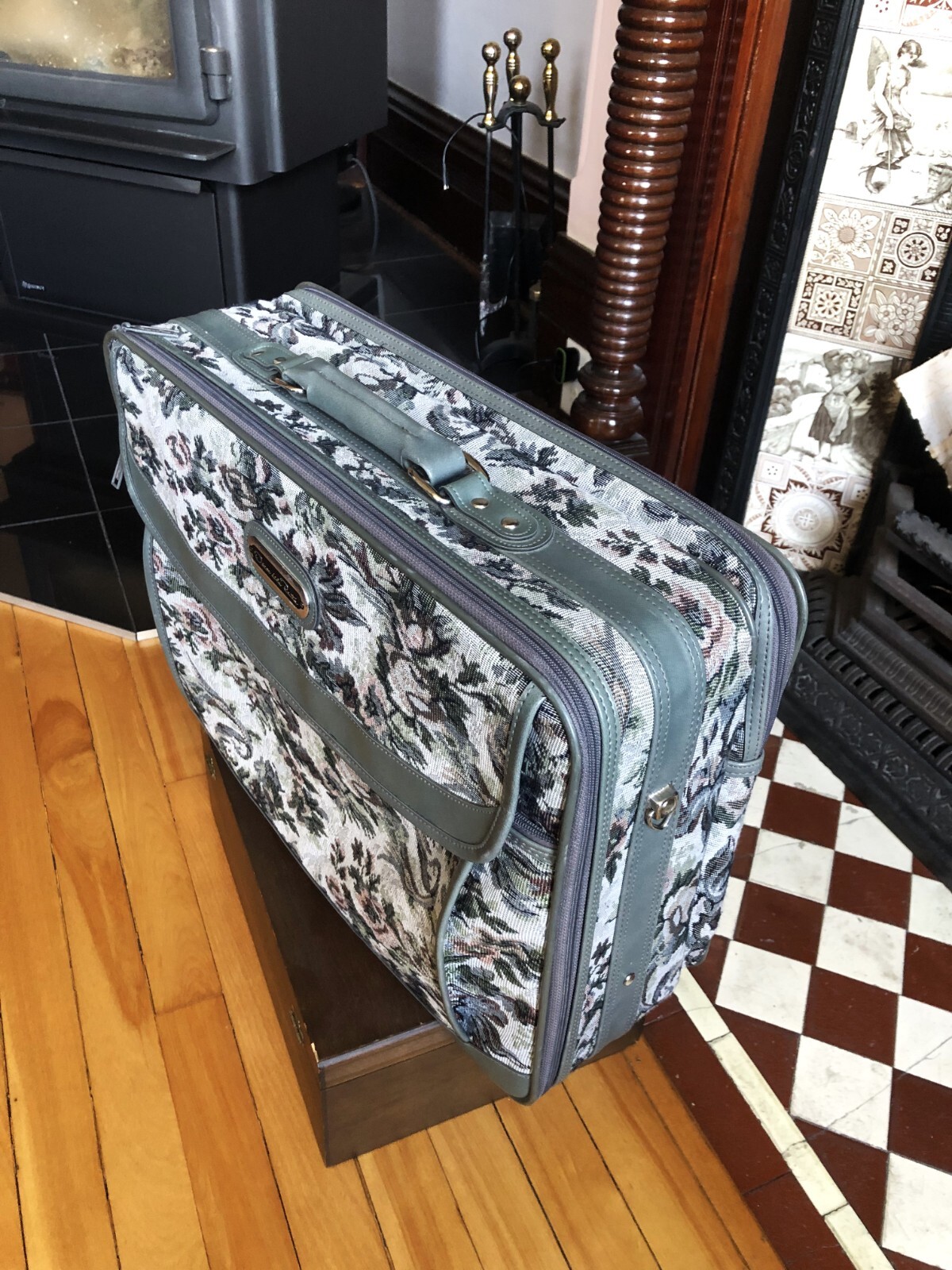VTG Oscar de La Renta Grey Floral Tapestry Suitcase