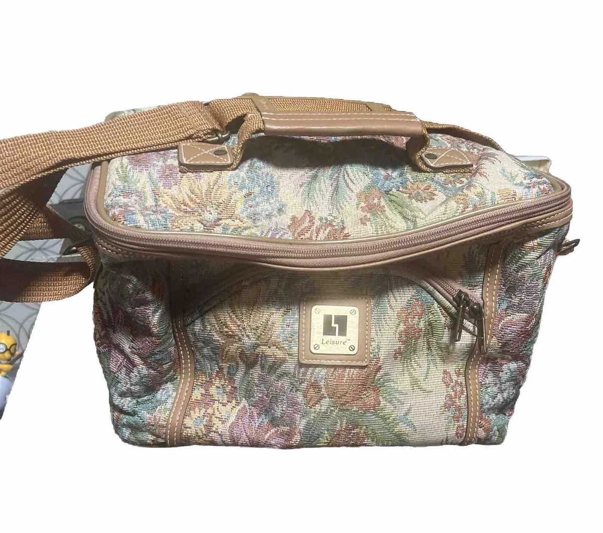 LEISURE Vintage Tapestry Floral Makeup Travel Bag Large w/ Long Strap & Mirror