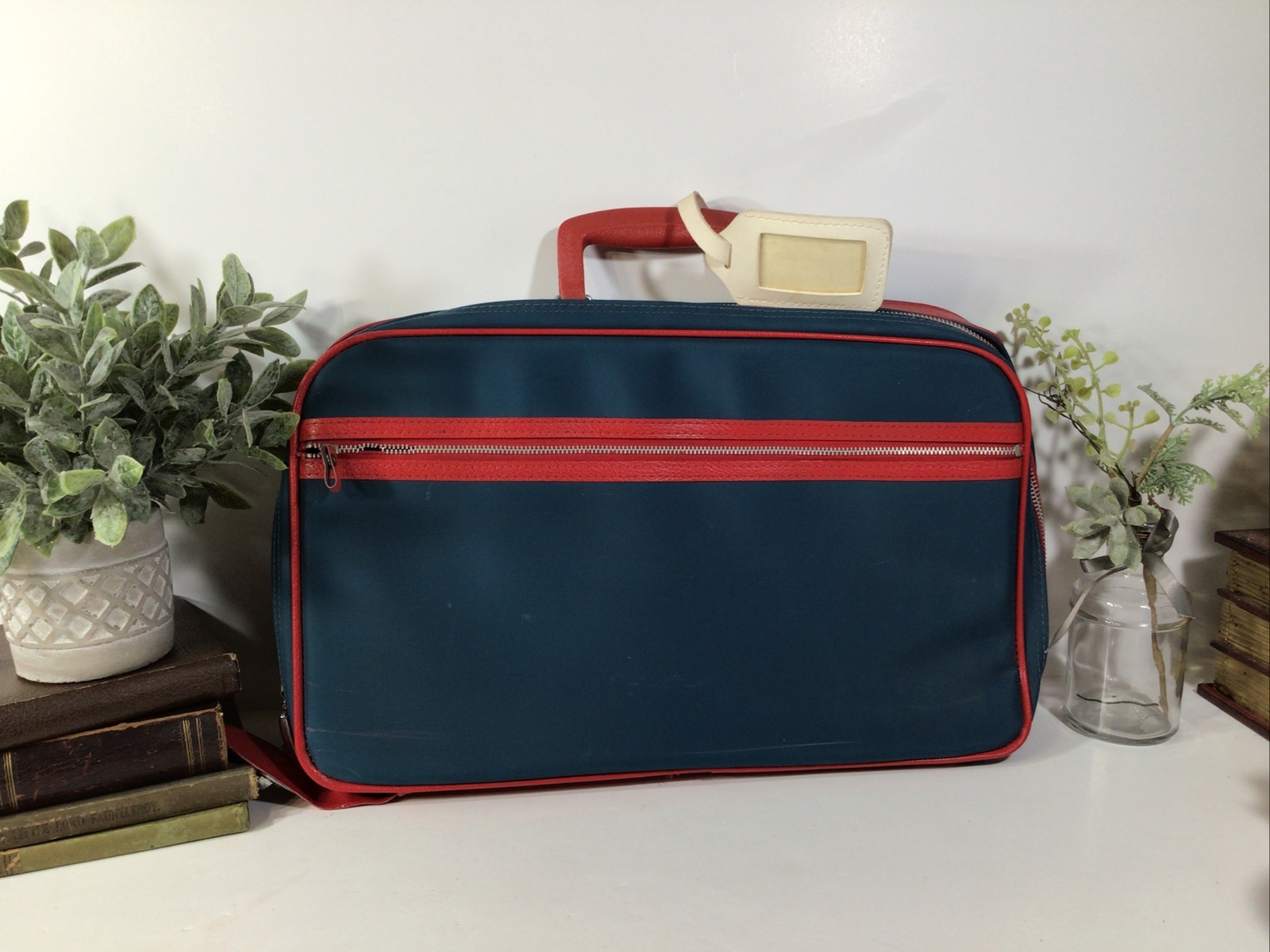 Vintage MCM~60’s-70’s Luggage Overnight Suitcase ~Navy/Red~15”x10.5”