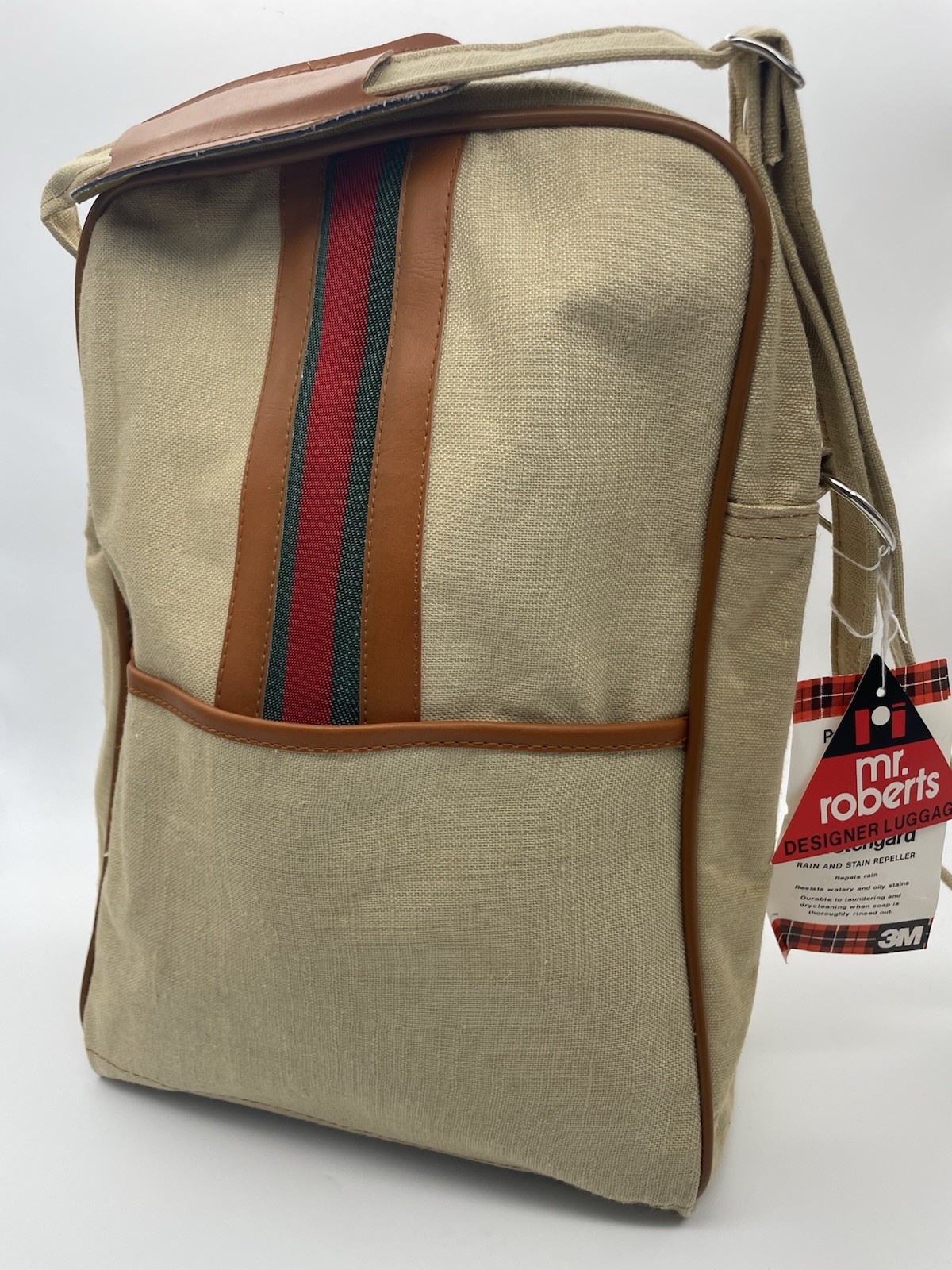 New Vintage beige Mr. Roberts Tan Carry On Travel Bag Green Red Brown Stripes