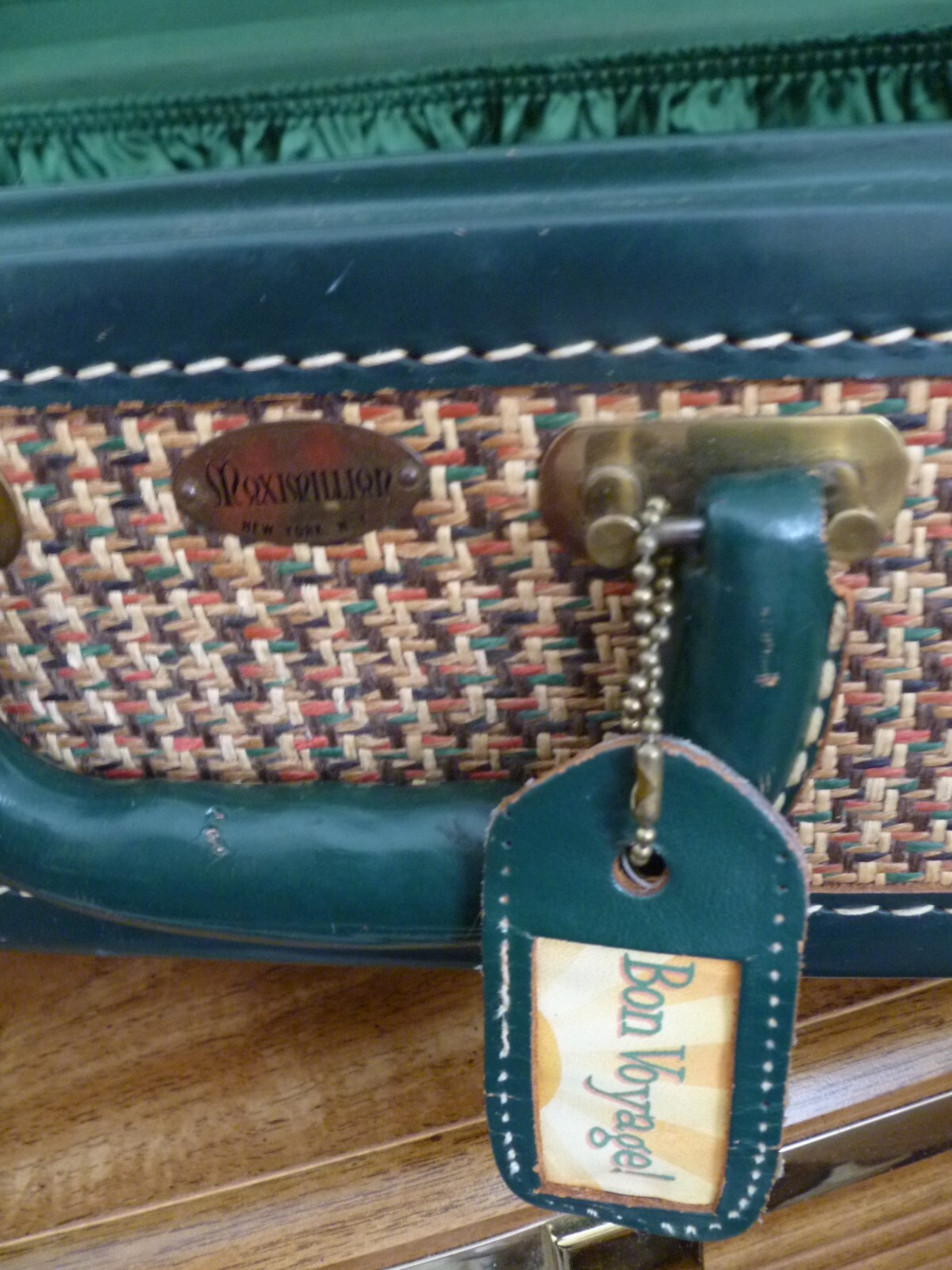 Vintage 1940’s Maximillian New York Travel Suitcase Luggage Tweed Leather Brass