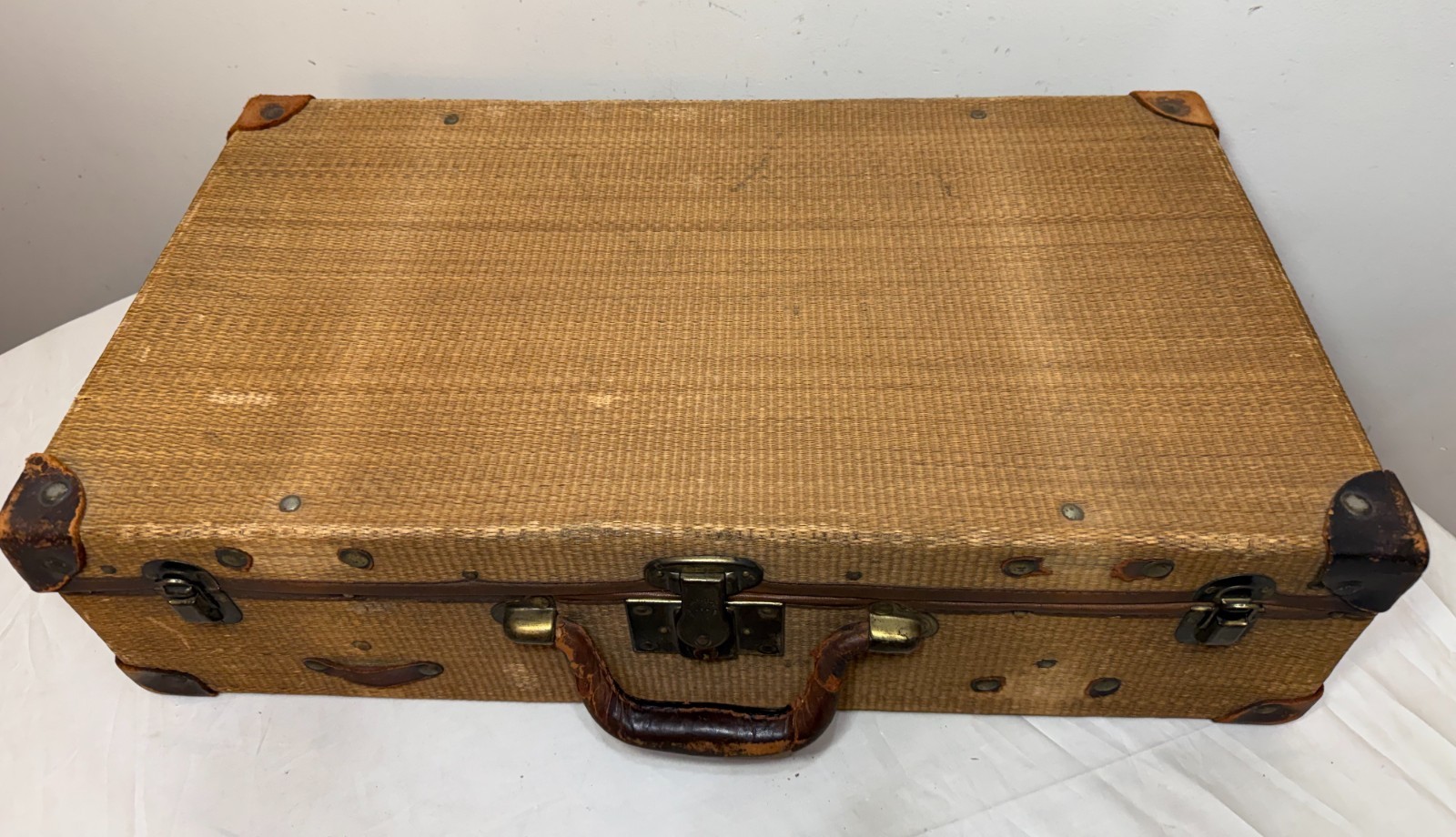 rare antique 19th century handmade woven wicker leather brass travel suitcase