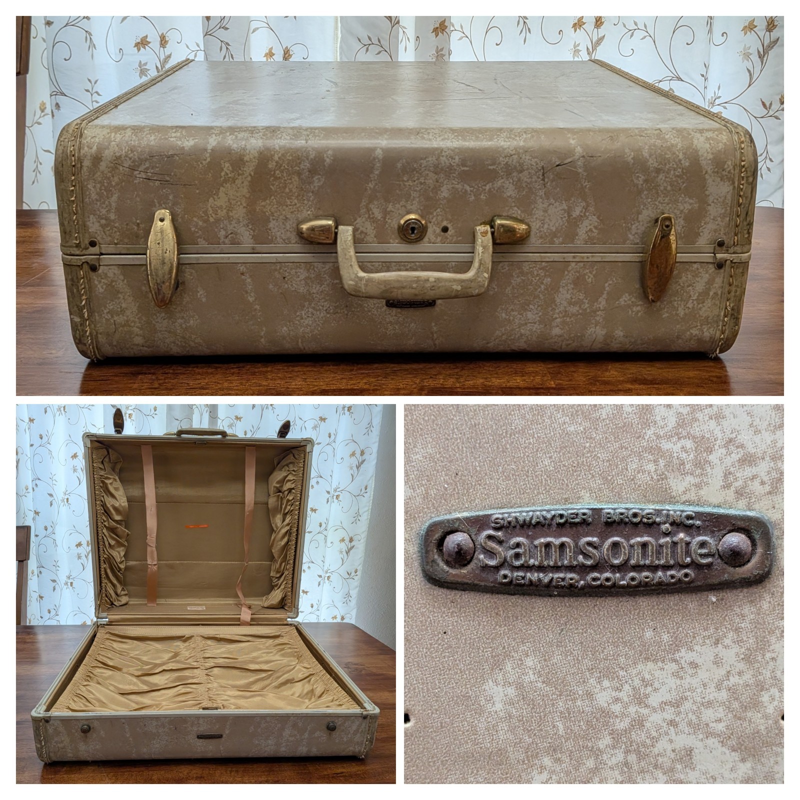 VTG 1950s Samsonite Shwayder Brothers Marble Cream Suitcase Luggage # 4521 MCM