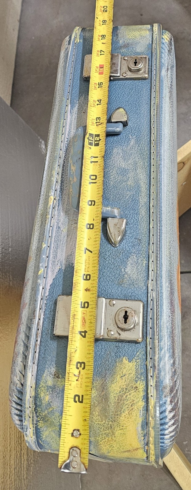 Vintage Blue Luggage Hard Shell Train Lined Travel Suitcase Bag No keys PAINTED