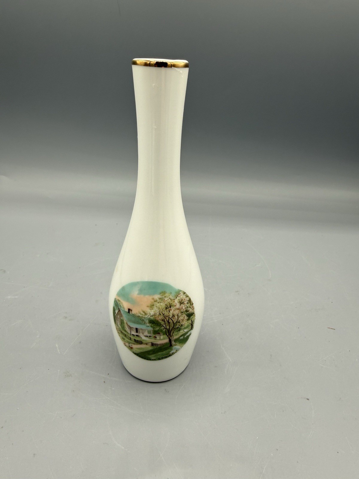 Vintage Made in Japan Bud Vase White Gold Rim Scenic House Spring 6.5”