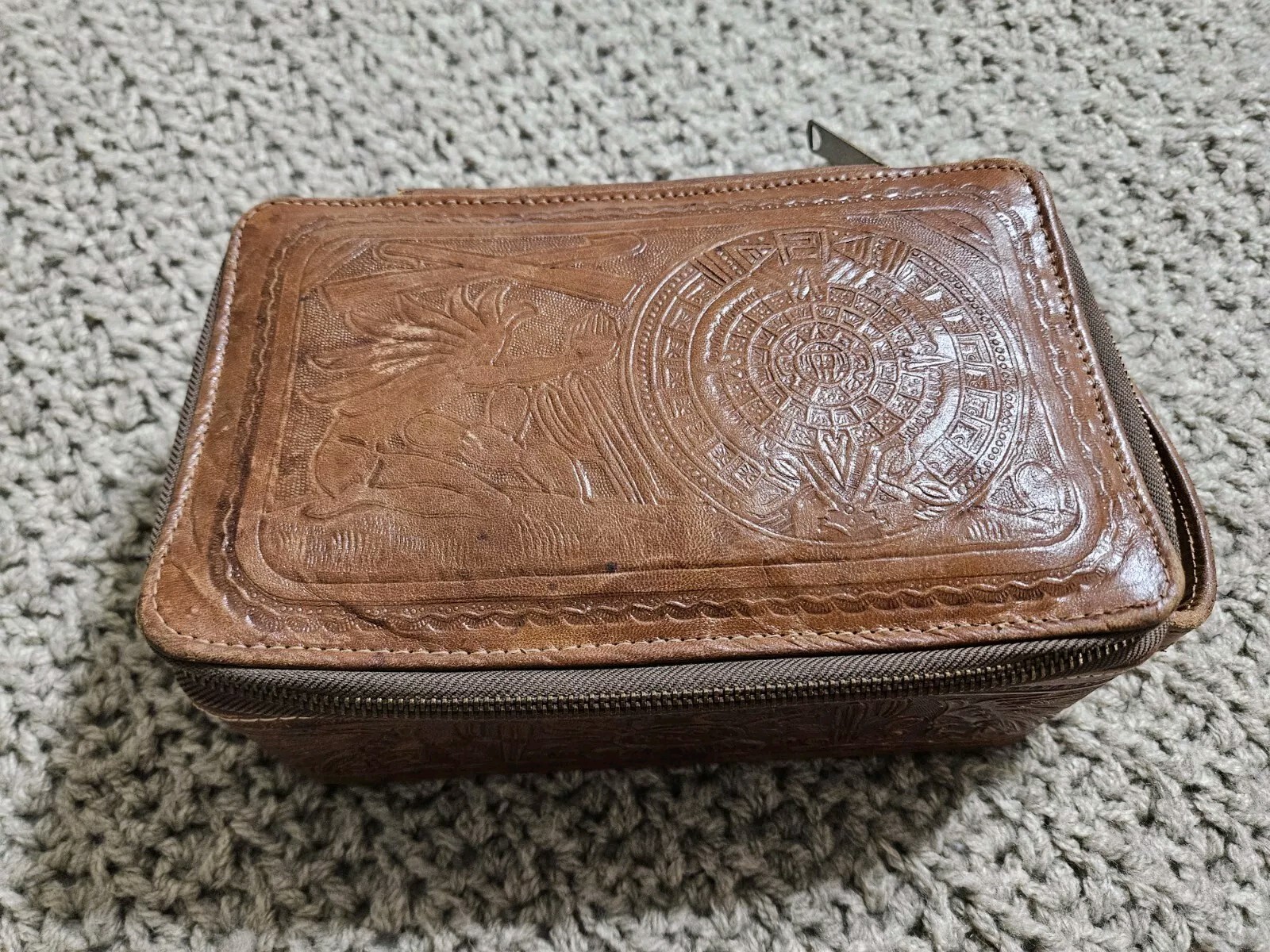 Antique Vintage 1930s Tooled Leather Toiletry Bag Great Condition Tiki Men Box