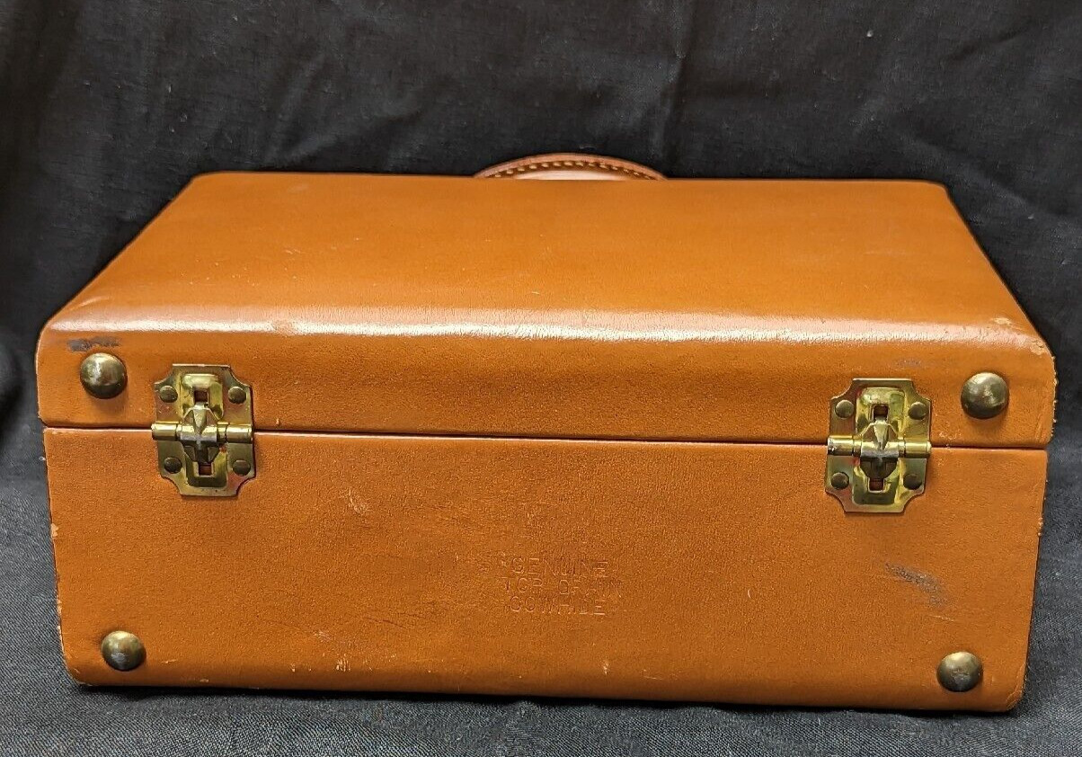 VINTAGE GENUINE TOP GRAIN COWHIDE LEATHER VANITY CASE BROWN HOME DECOR STORAGE