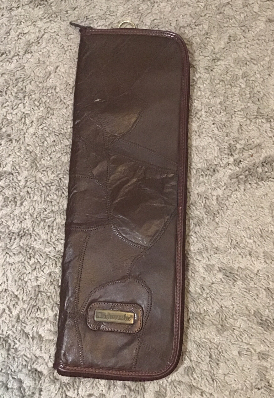 Vtg. Travel Tie Case Brown Leather 80s Jameslee Patchwork Design Hanging Hook