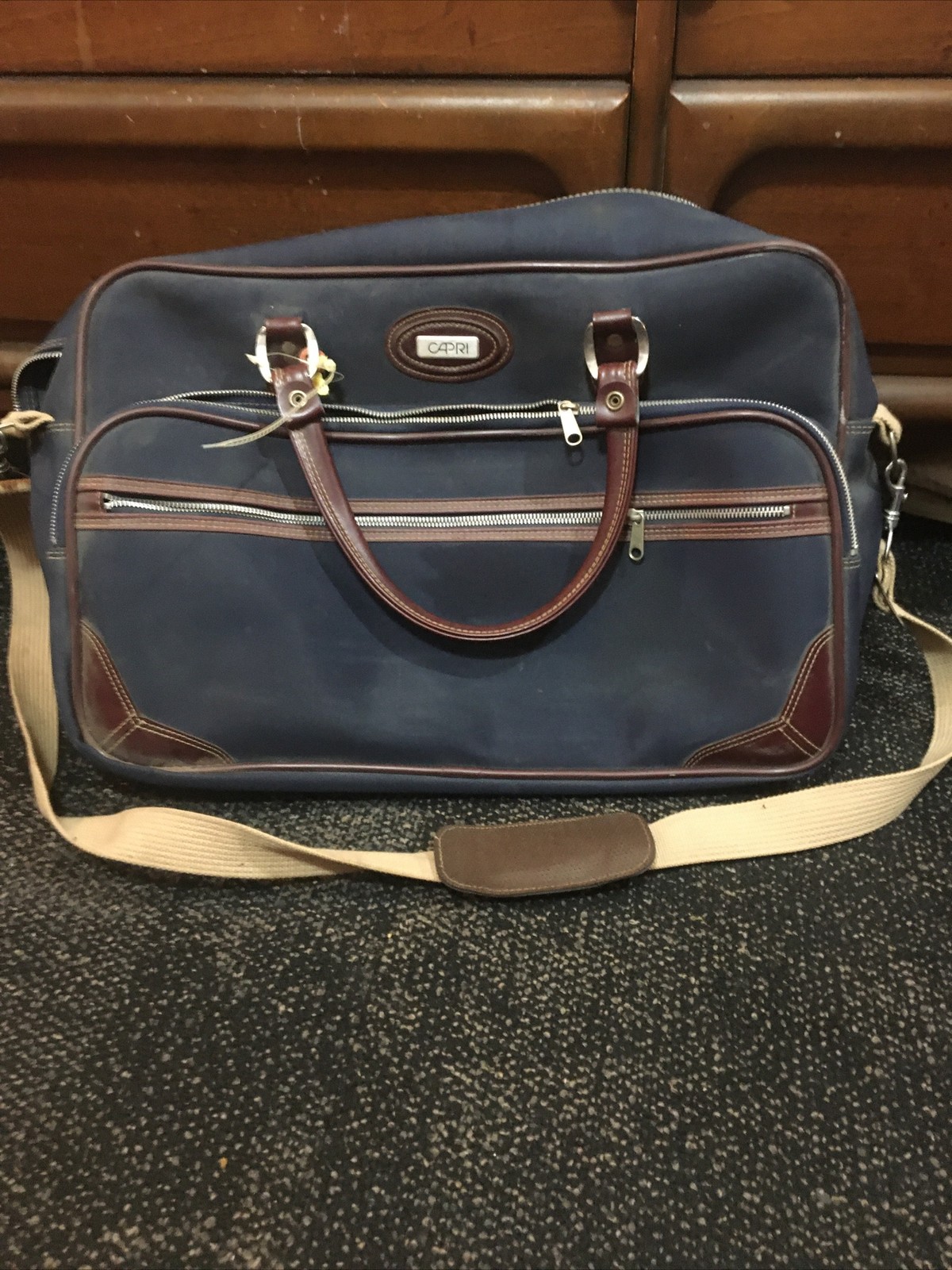 VTG Jaguar Weekender Shoulder Duffle Bag Navy Blue Leather Canvas Boho Y2K Retro