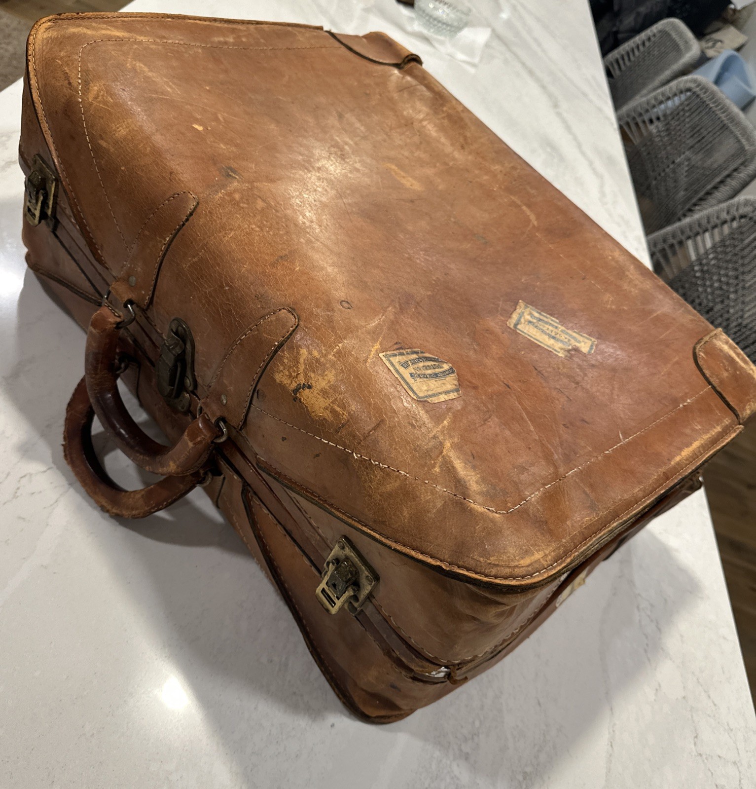 Vintage 1930s Leather Suitcase Valaise Decor Storage Dominican customs labels