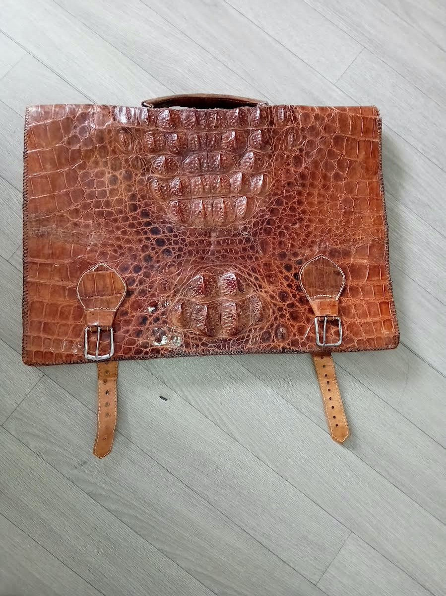 Antique Crocodile Leather Travel Luggage Suitcase / Vintage
