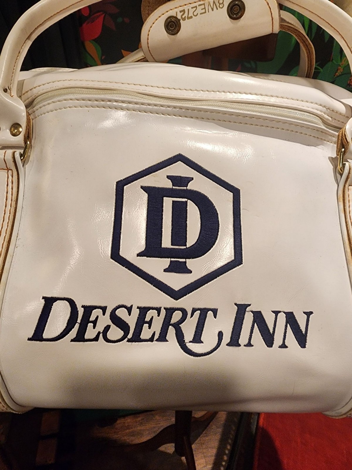 Vintage Ron Miller Desert Inn Duffel Bag Gold Hardware. Handles, Shoulder strap.