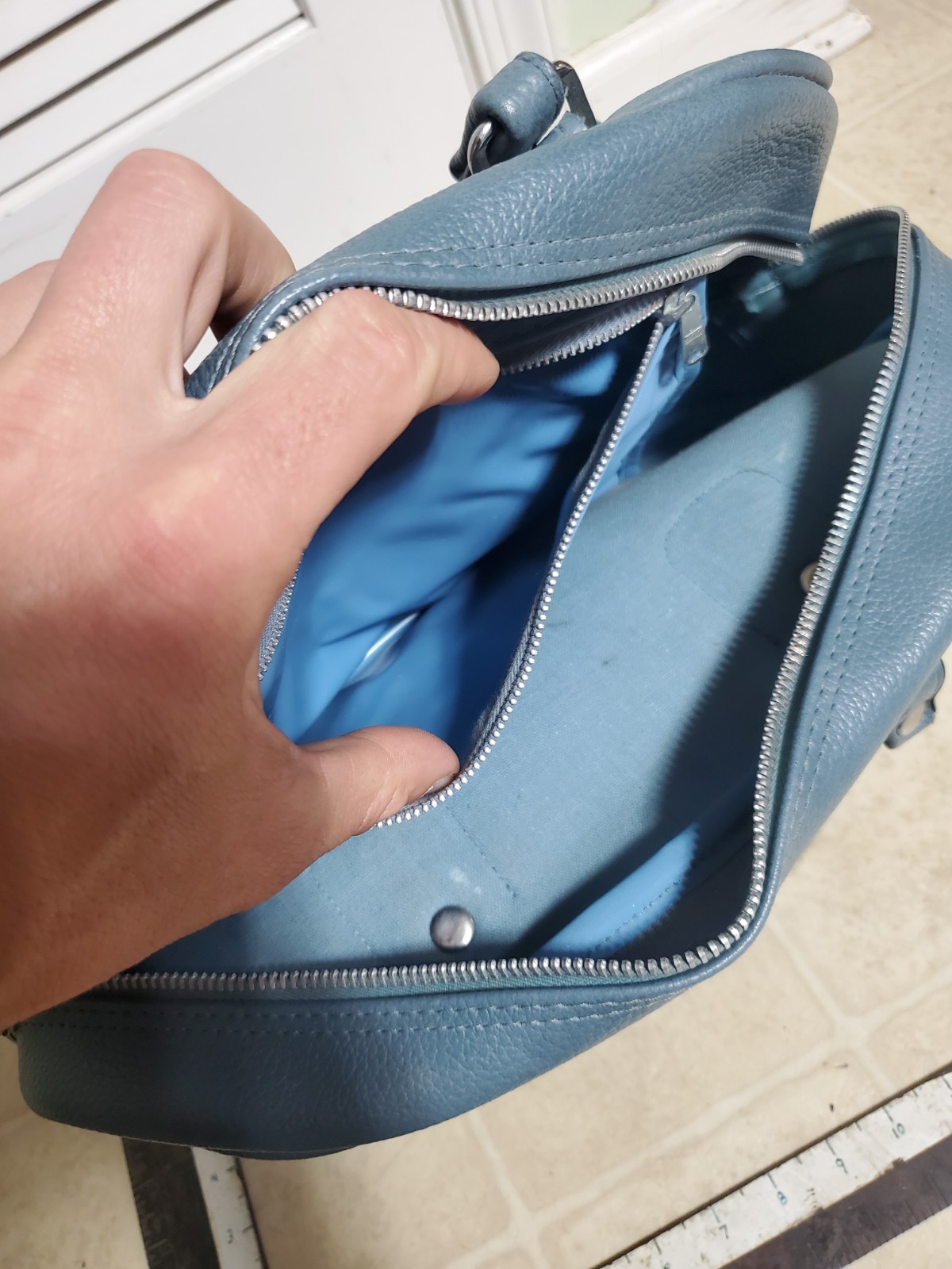 Vintage Slate Blue Faux Leather Purse Carry-On Travel Products Bag Made In Korea