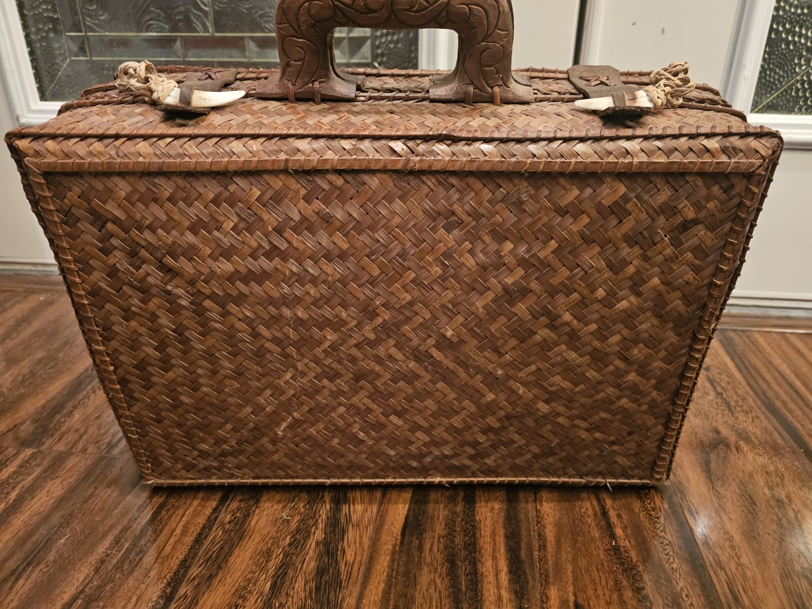 Antique Rattan Travel Case W/Leather & Animal Tooth Closure, Carved Wood Handles