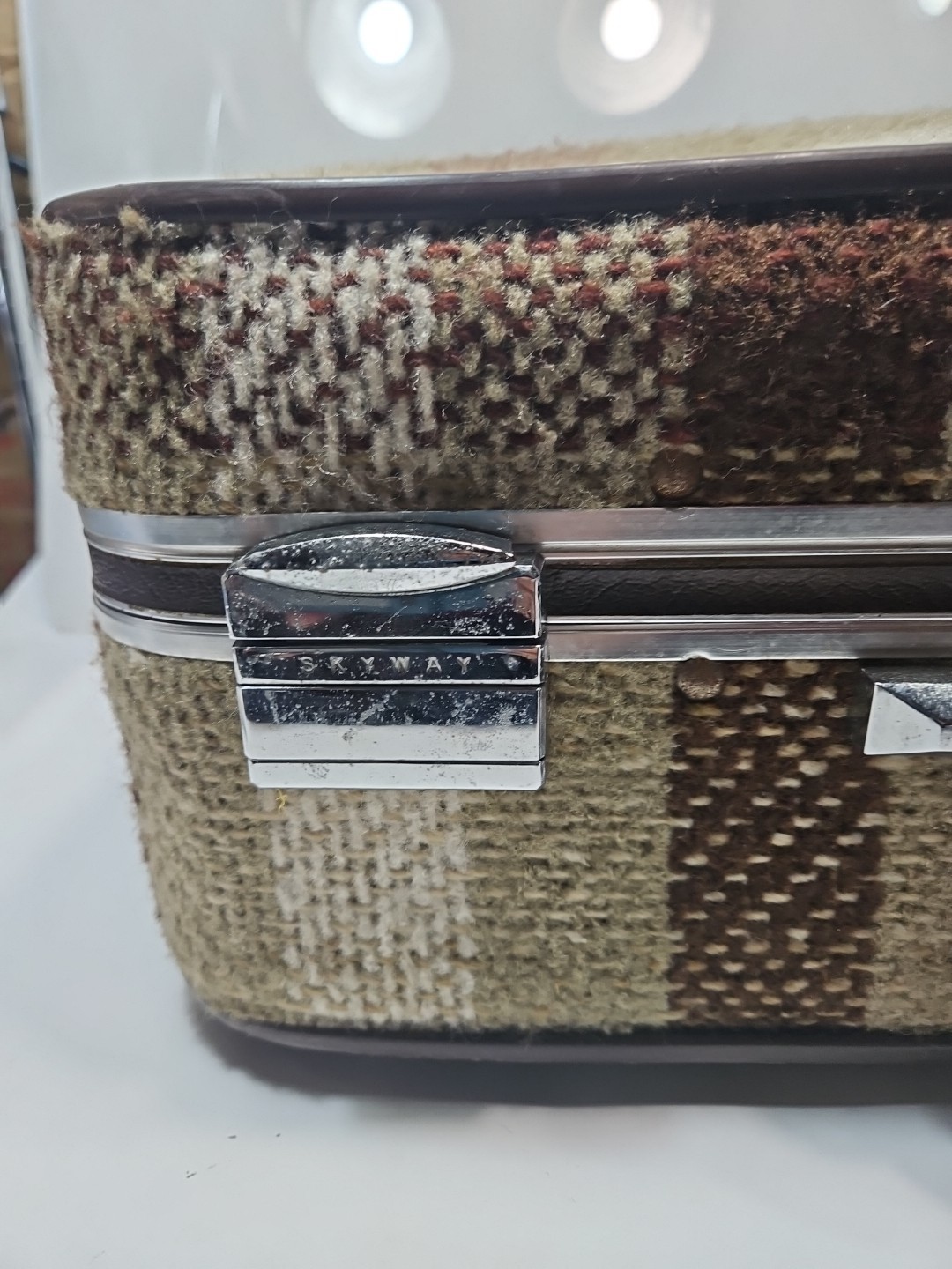 Vintage Skyway Luggage Tweed Multi Color Fabric Bag Travel Suitcase