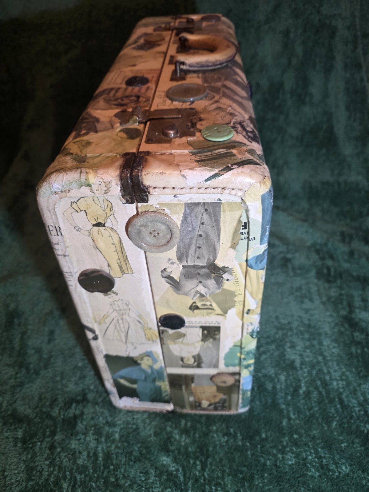 1950s Vintage Hard Leather Suitcase made by J.C. Higgins Decoupaged 18x14x6in