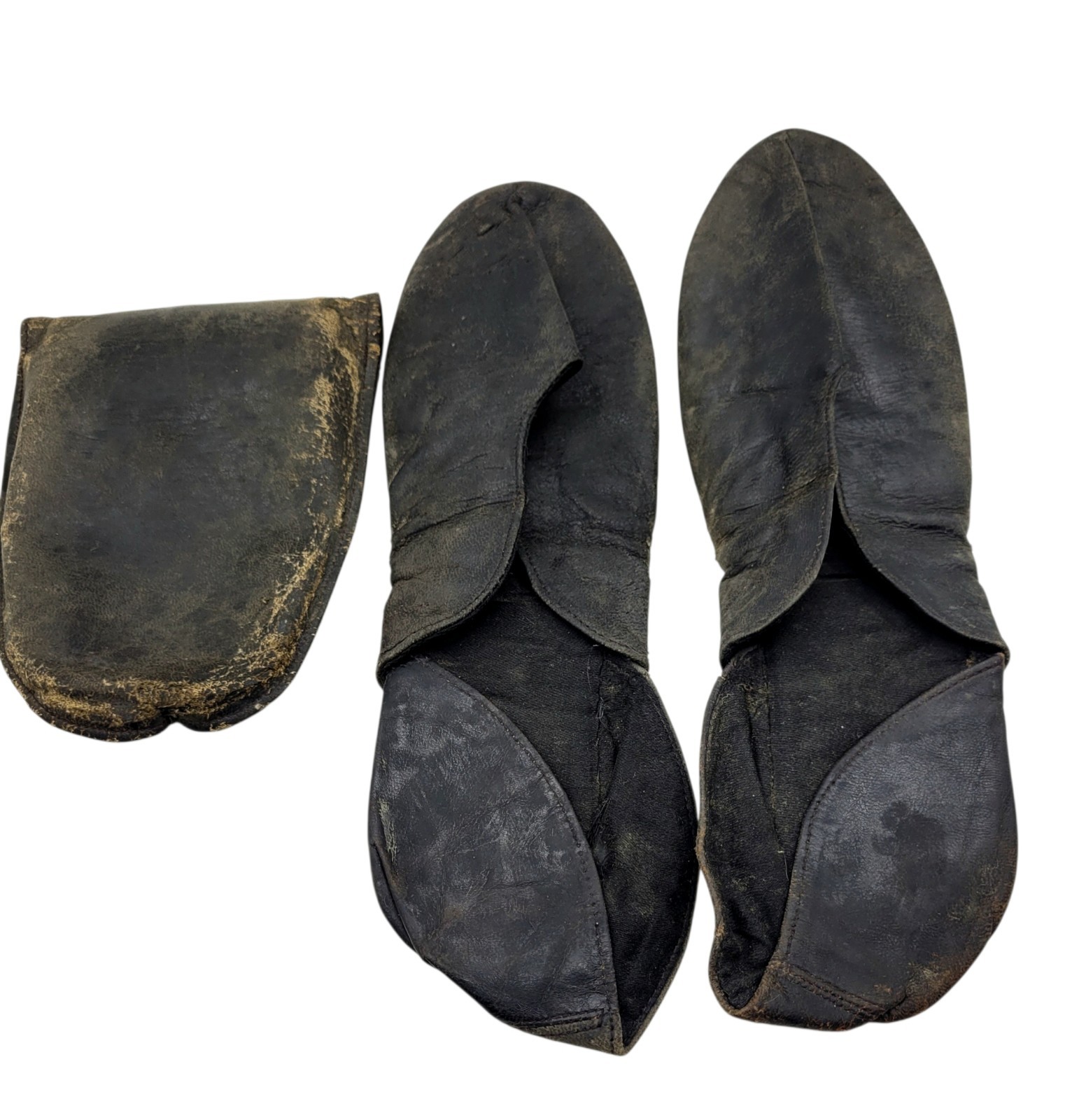 Rare Early Antique Black Leather Folding Travel Slippers Shoes In leather Pouch