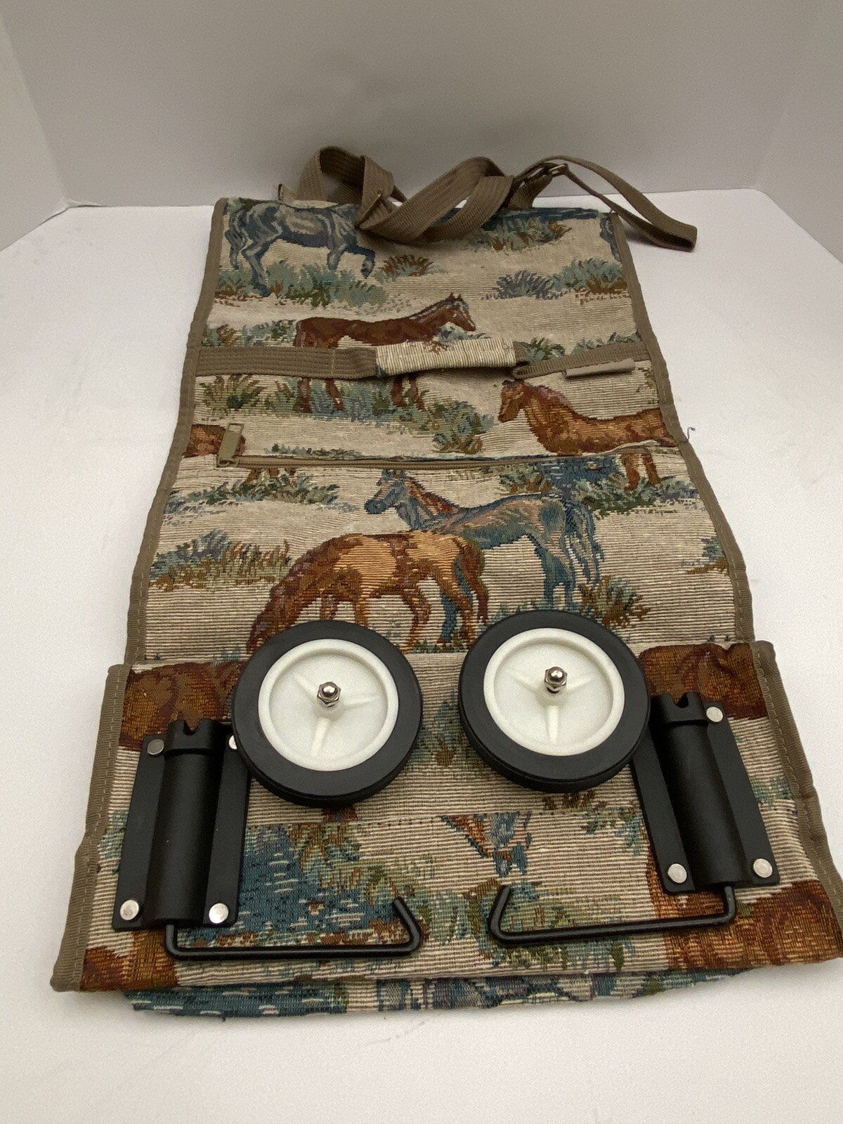 Vtg Jade Tapestry Horses Travel bag Tote w/ Foldable Collapsible wheels