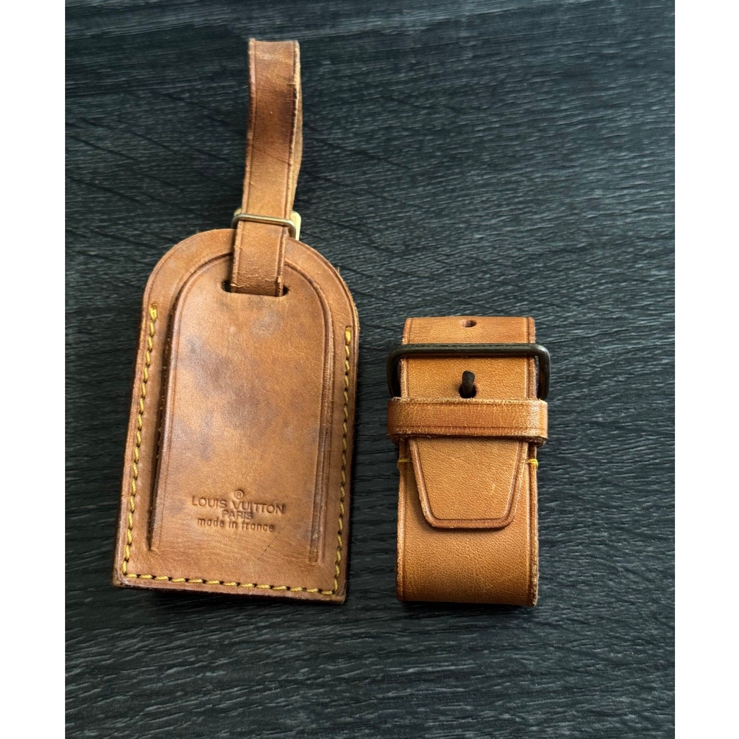 Authentic Louis Vuitton Vachetta Leather Name Luggage Tag And Poignet Set SN926