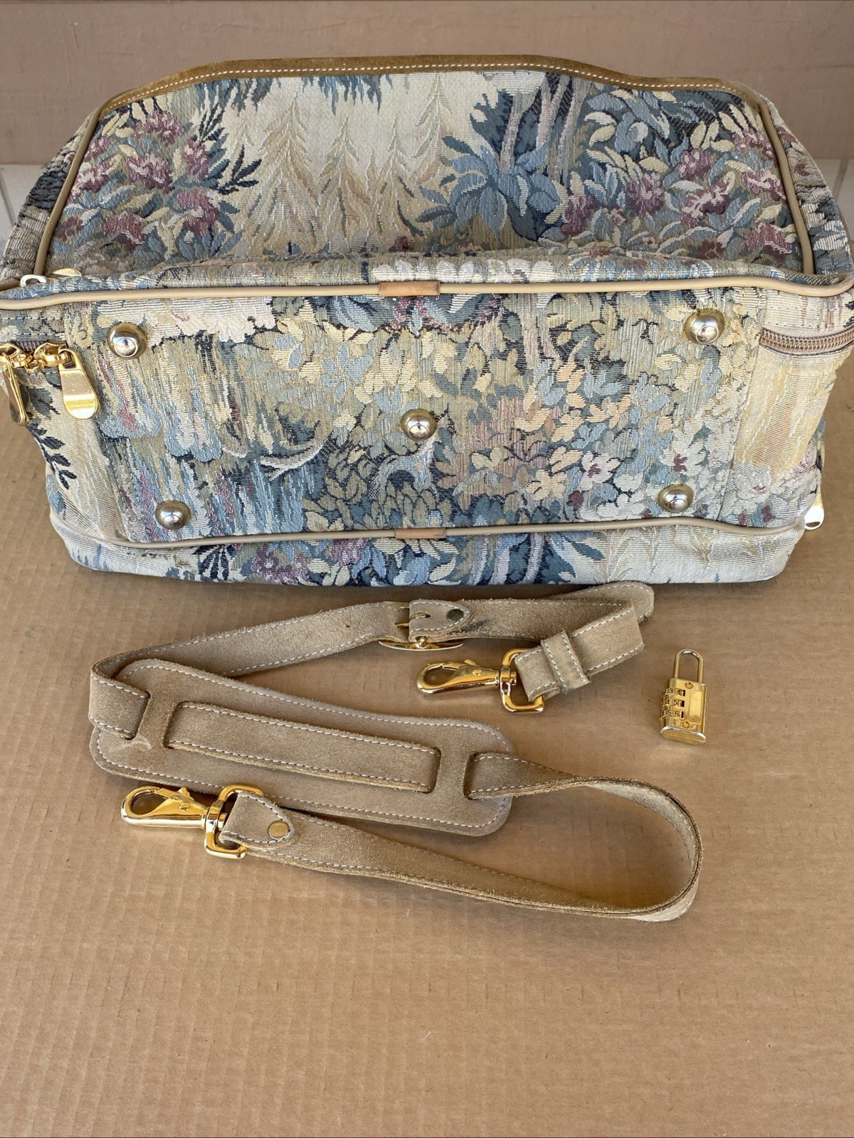 Vintage French Luggage Company Paradise Suede Tapestry Carry On Bag Made in USA