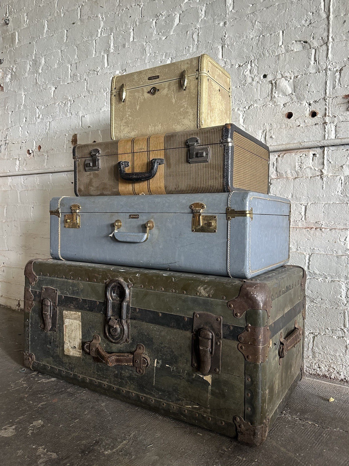 Vintage Blue Tweed Suitcase Luggage Train Wardrobe Travel Overnight Modern Trunk