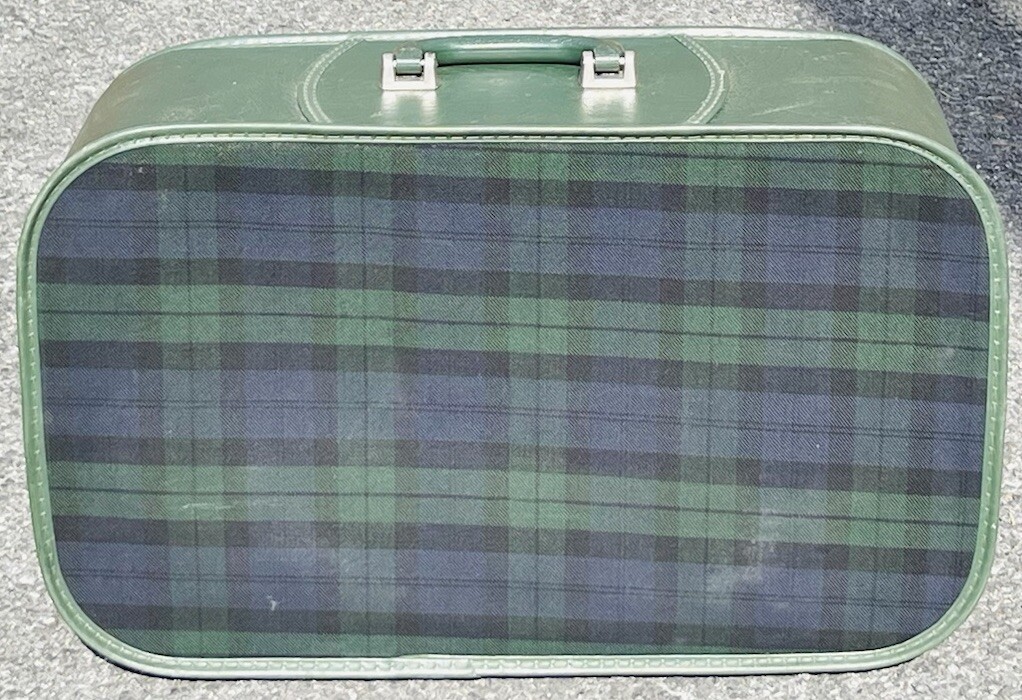 1960s Grasshopper Green & Blue Plaid Suitcase Luggage Vintage Mid Century Modern