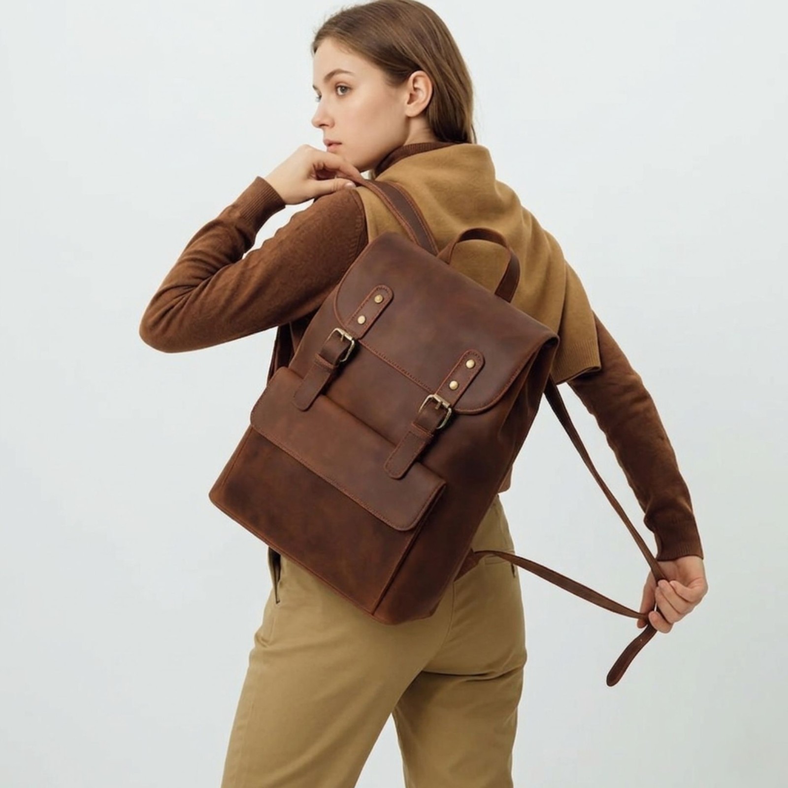 Vintage Leather Backpack, Genuine Cow Leather Travel Rucksack For Men Women Gift