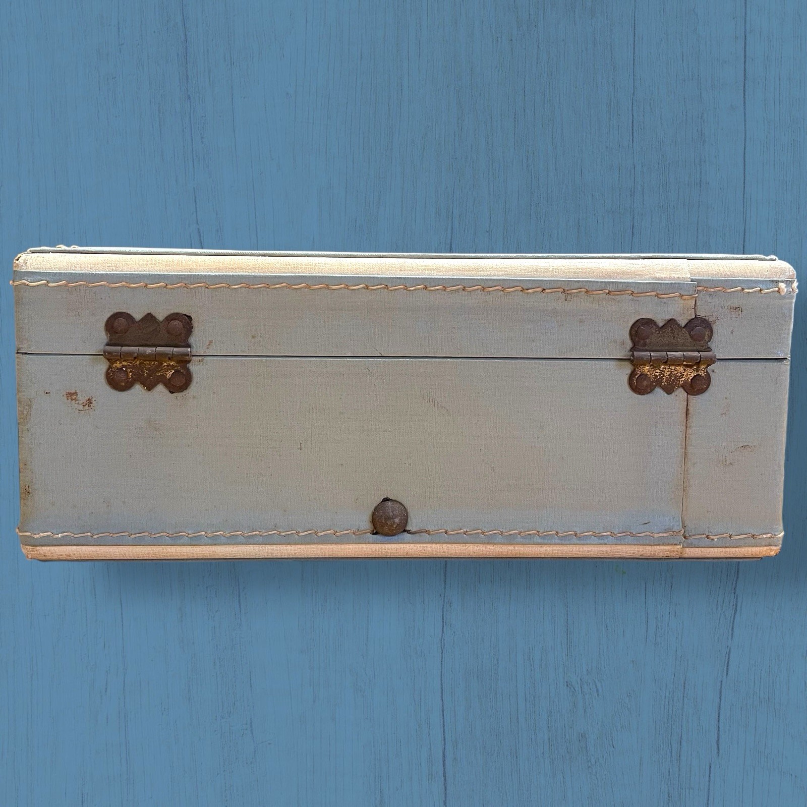 VTG Mid Century Modern Travel Carry On Luggage Blue Leather Exterior Lock & Key