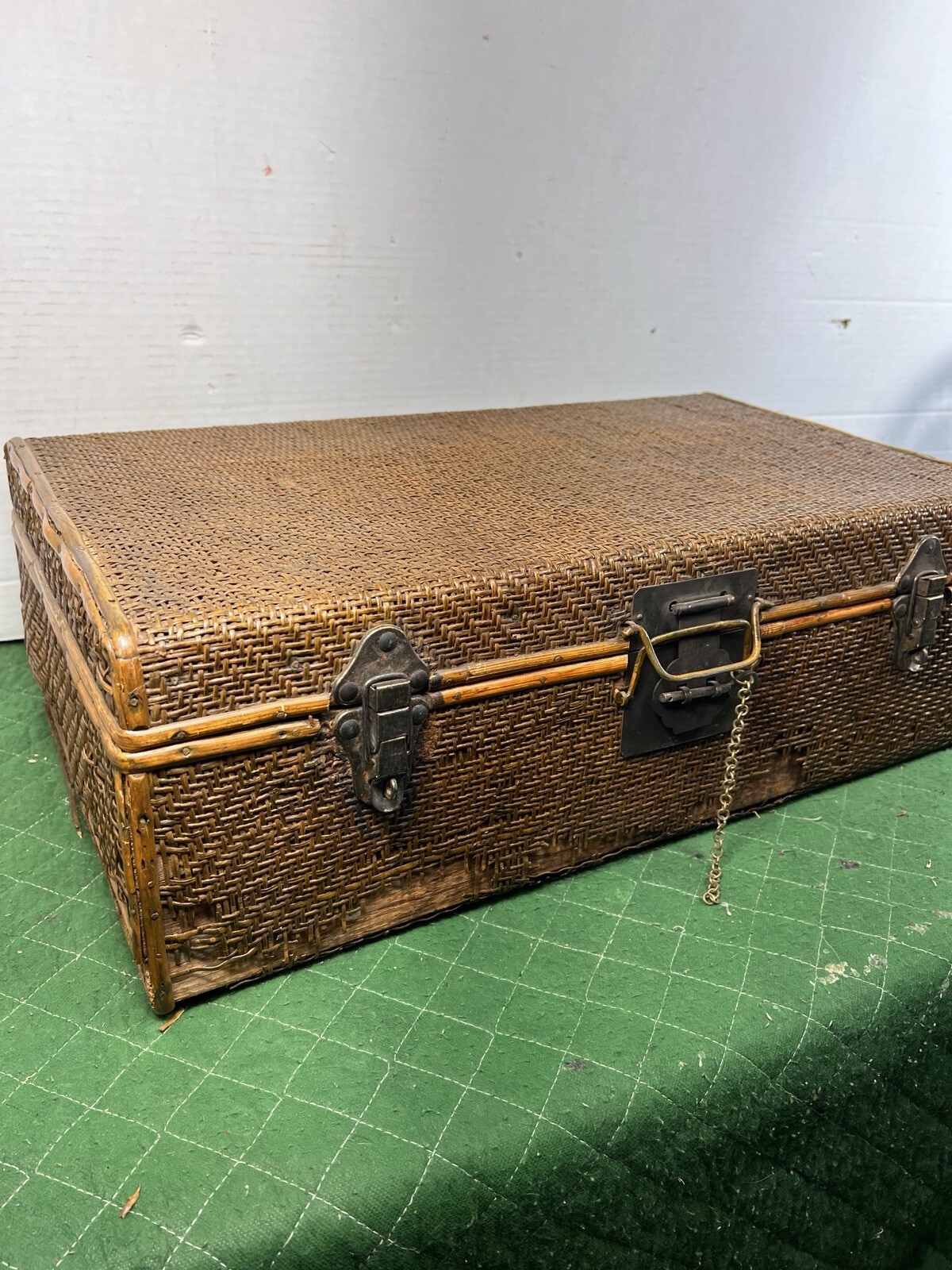 Vintage Bamboo and Woven Rattan Suitcase with Metal Hardware MCM Trunk Small