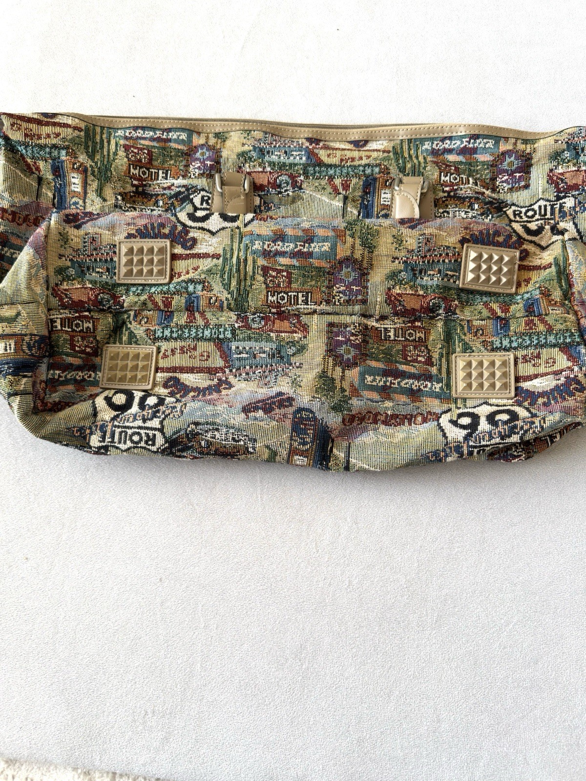 Jade Vintage Route 66 Duffel Weekend Woven Quilt Tapestry Bag