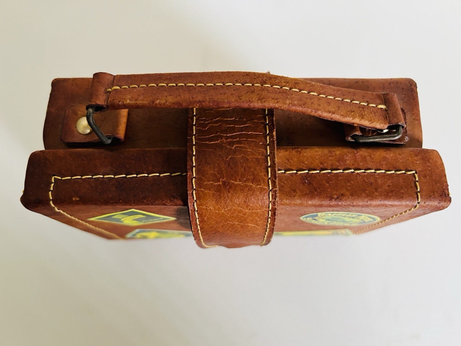 Vintage Leather Case Travel Stickers Magnetic Button Lined Mini Doll Suitcase 6”