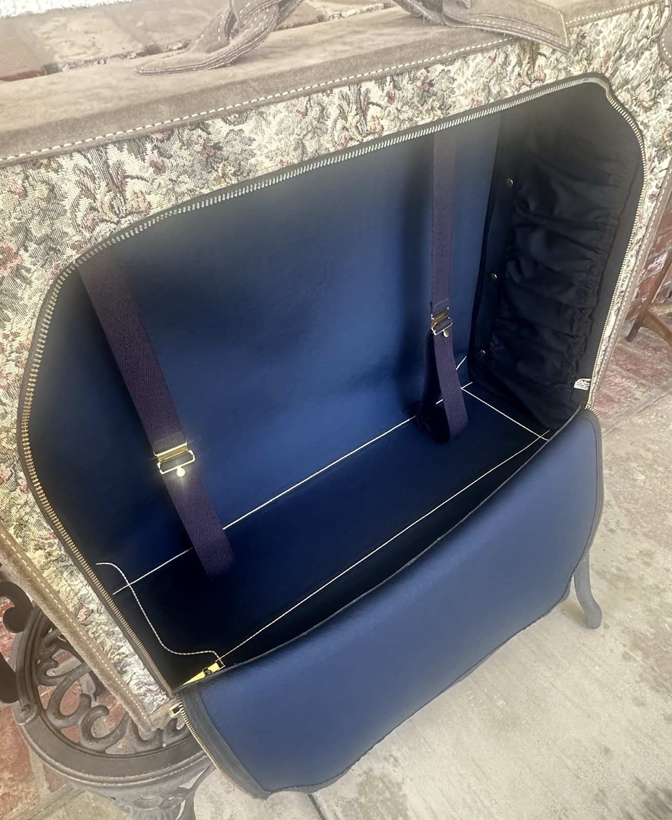 Vintage French Co Luggage; Grey Rose Tapestry W/Suede/ID Tag; Blue Int/Cmbo Lock