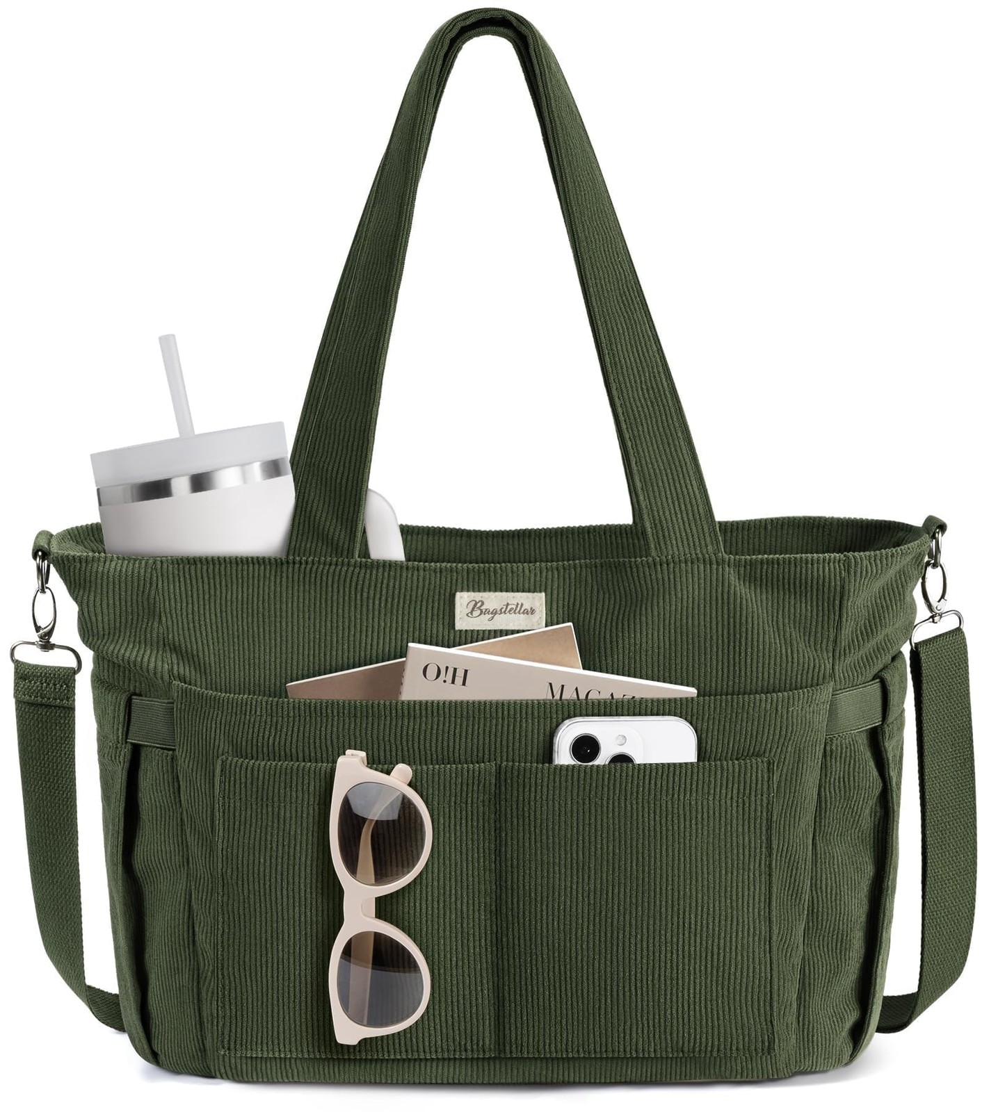 Bagstellar Corduroy Tote Bag For Women 17 Pockets Laptop Work Tote Bag