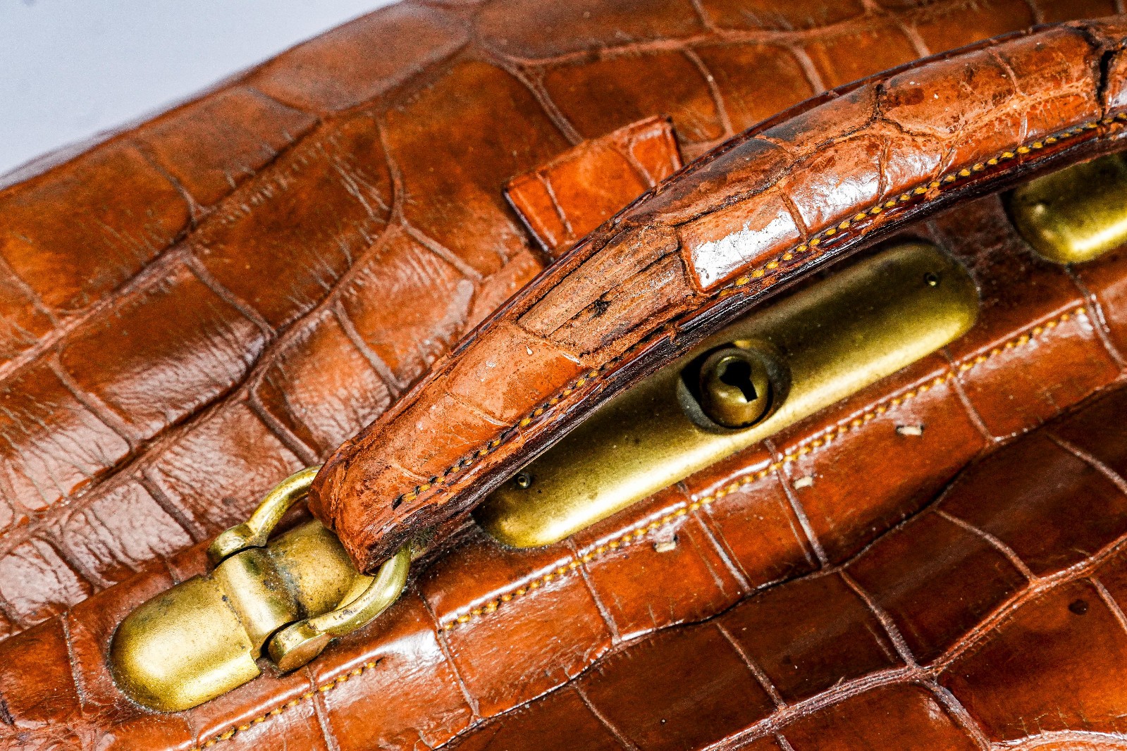 Edwardian Antique Crocodile Leather Gladstone Bag Travel Suitcase