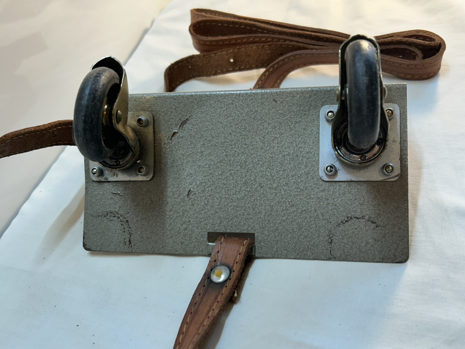 Vintage Luggage Caddy Metal Travel Cart Leather strap Rolling READ H8