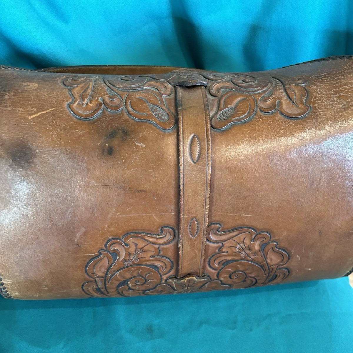Vtg 1940s Hand Tooled Leather Western Style Travel Luggage Valise Bag X Large