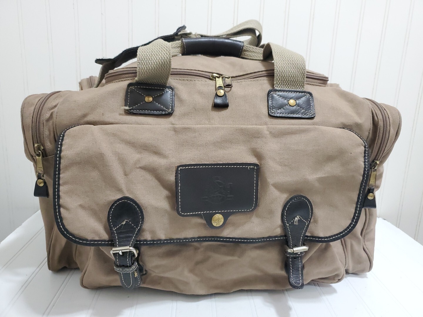 Vtg EDDIE BAUER FORD Duffle Travel Bag Brown Leather & Canvas Carry On Luggage