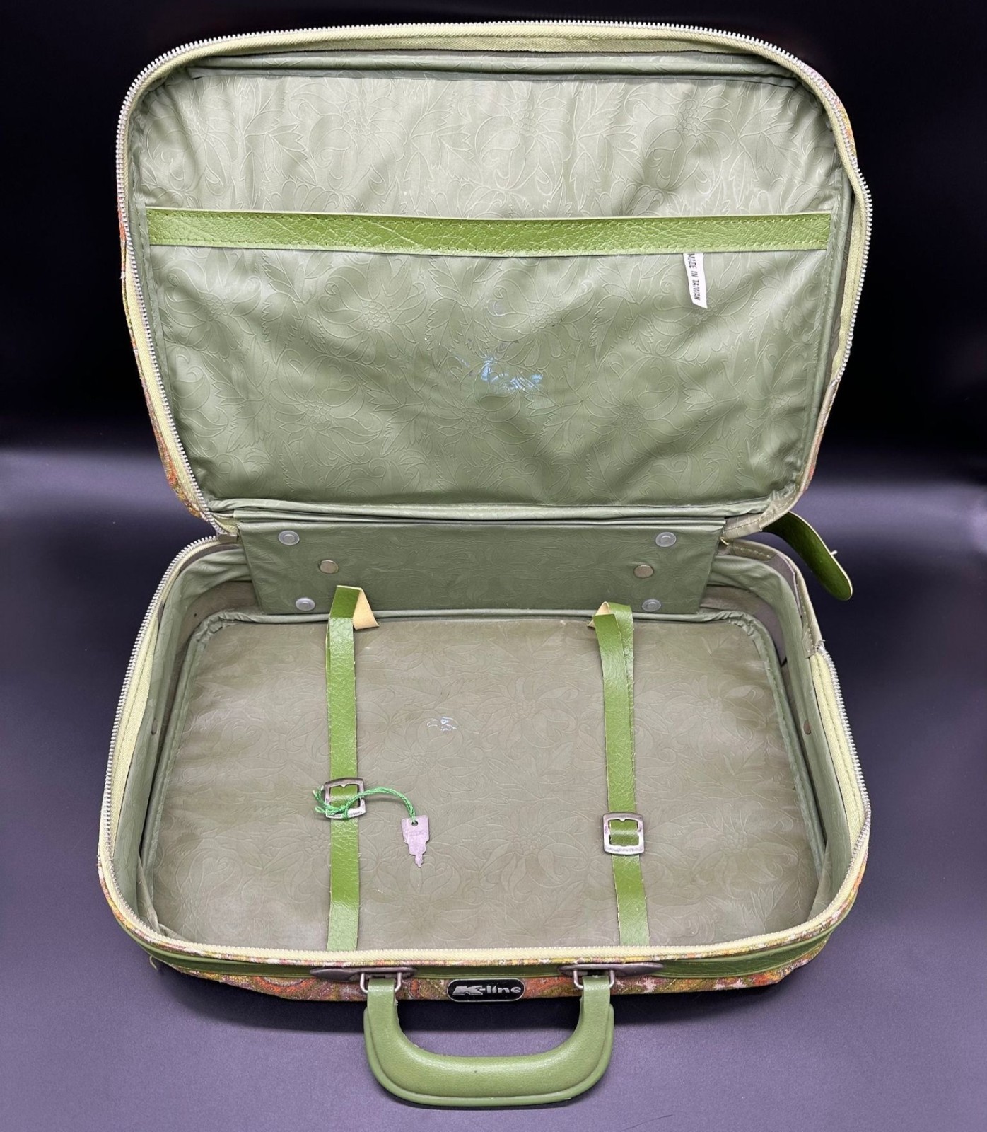 Vintage Suitcase Key Paisley Avocado Green Orange 1970s Travel Canvas Luggage