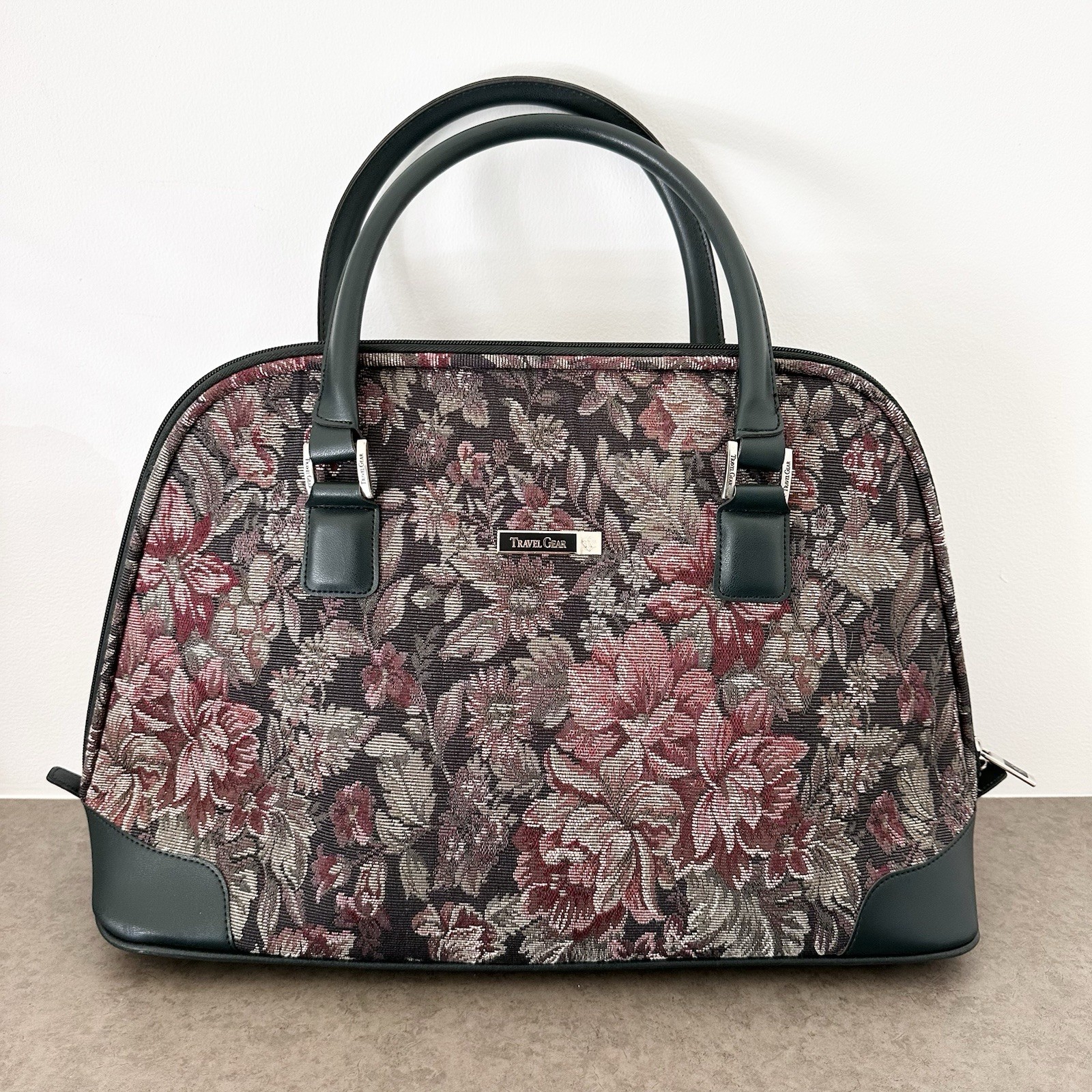 Vintage Travel Gear Tapestry Floral Satchel Luggage Mary Poppins Bag Green Rose