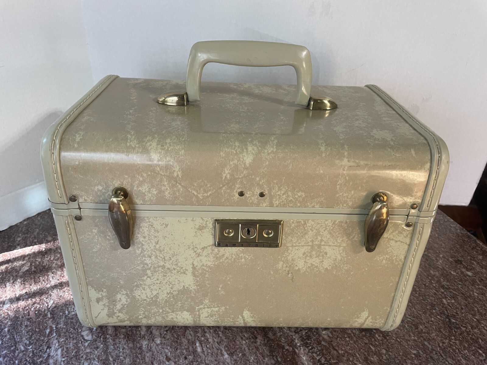 VINTAGE MCM CREAM MARBLED SAMSONITE STREAMLITE TRAVEL CARRYING CASE W/TRAY