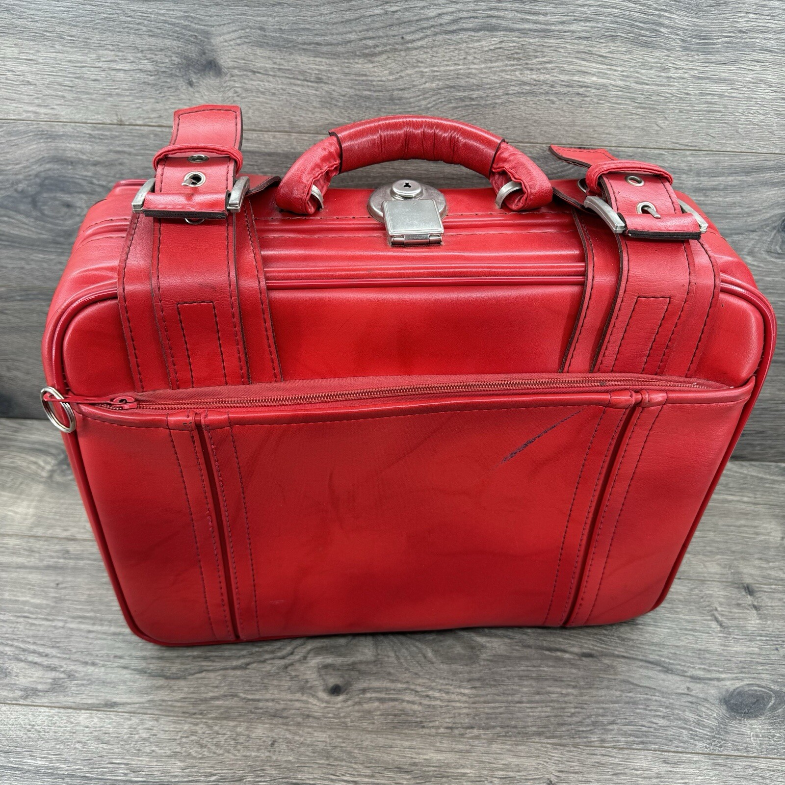 Vintage Carry On Leather Weekender Hard Frame Suit Case Red Strap Buckle 16 x 14